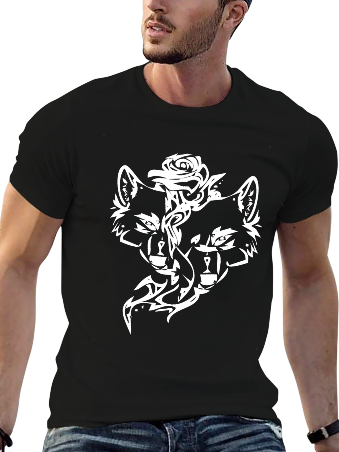 Black T-Shirt with Wolf and Rose Design