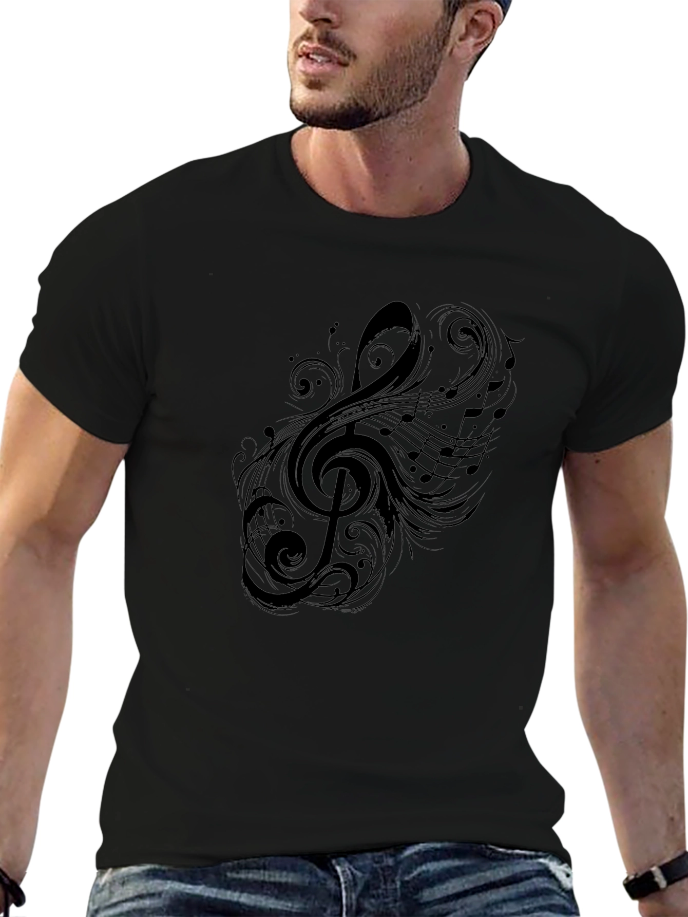 Stylish Black T-Shirt with Musical Note Design