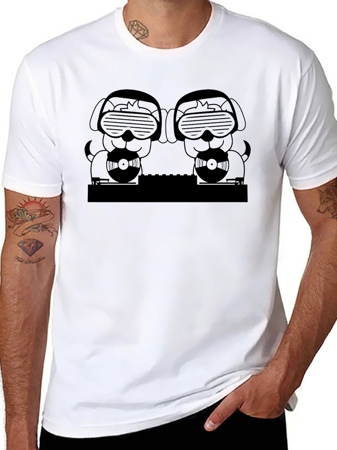 DJ Dogs Graphic Tee - Black Crew Neck T-Shirt