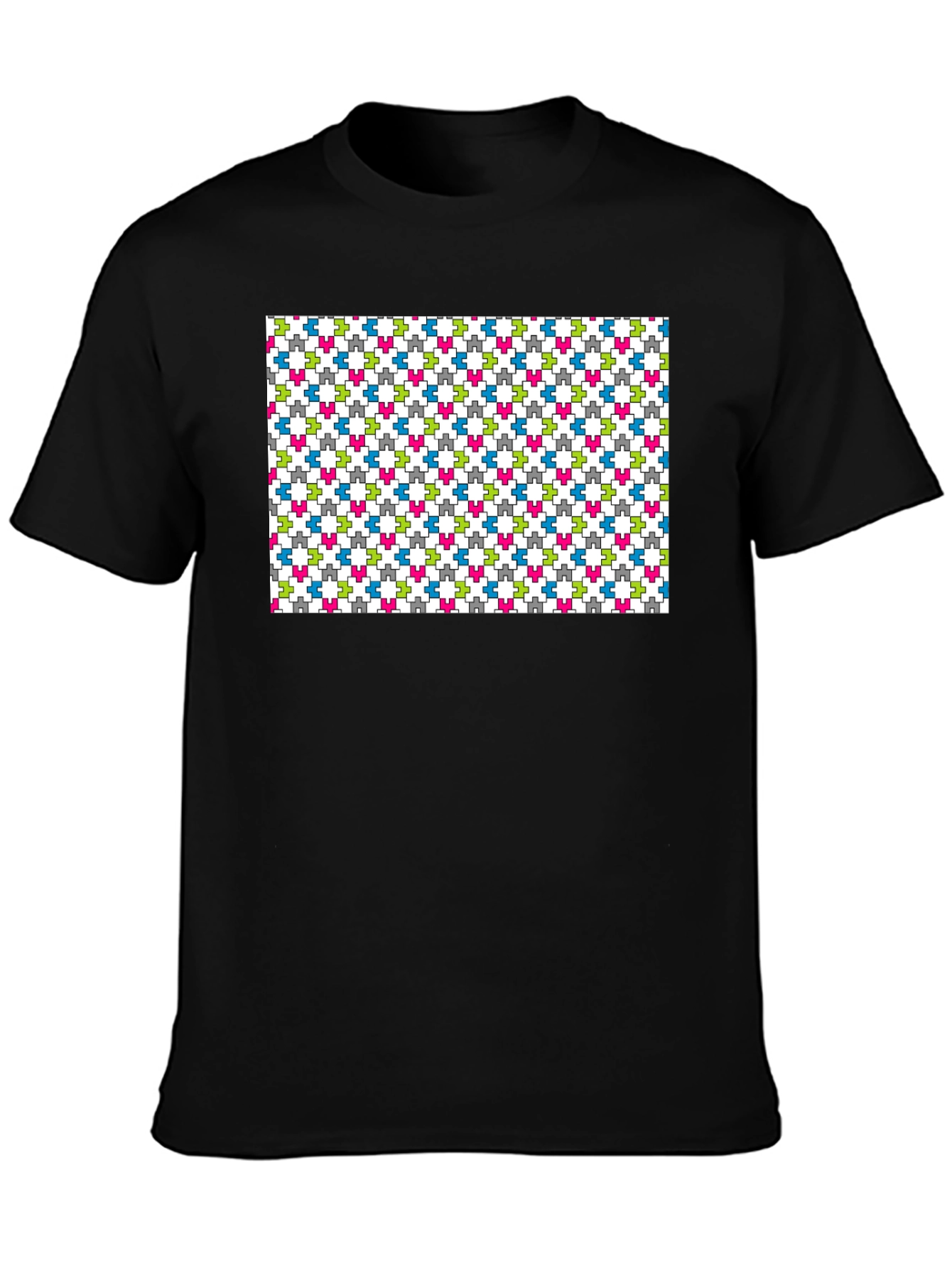Geometric Puzzle Piece Pattern Black T-Shirt