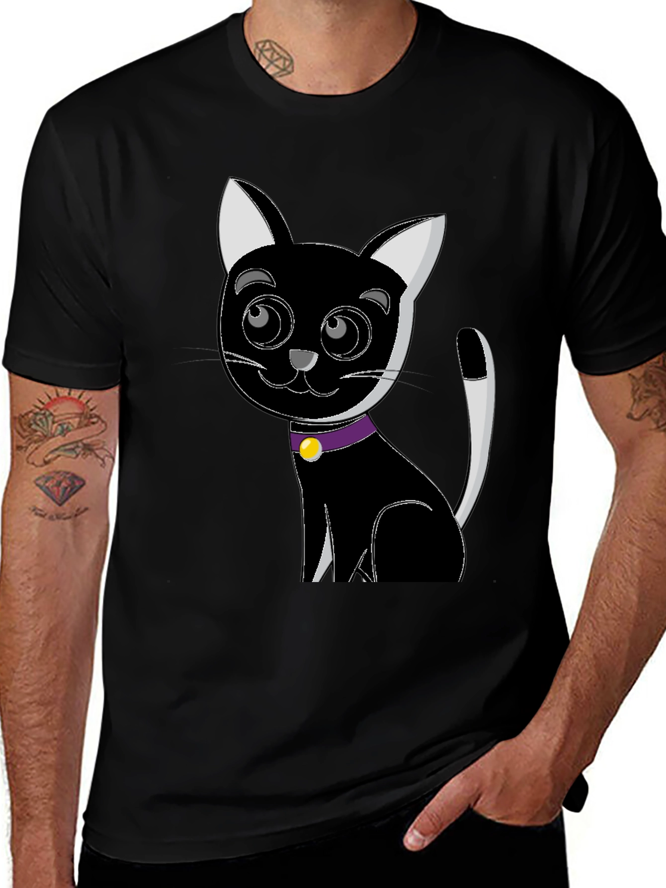 Cartoon Cat Graphic Tee - Black