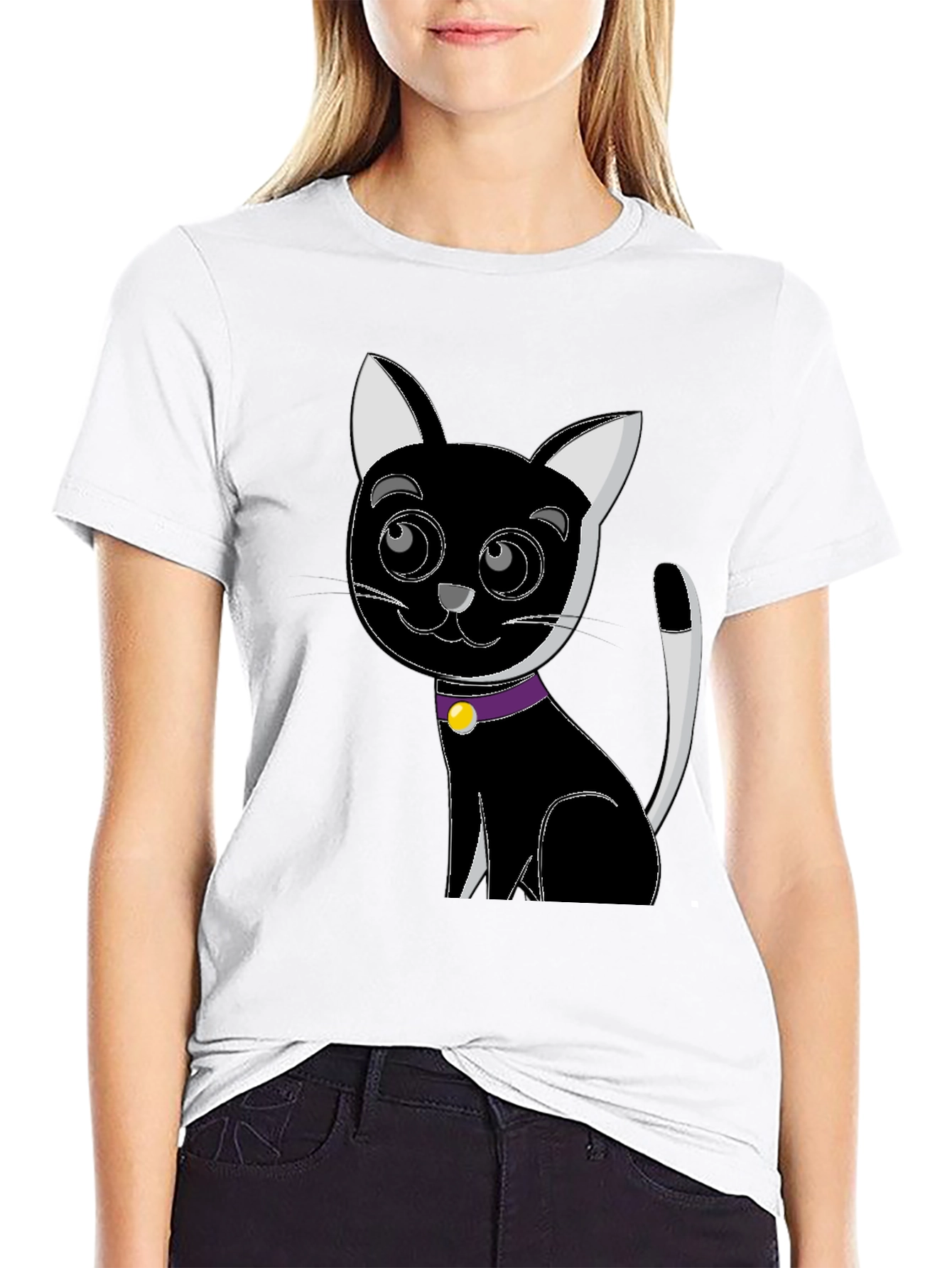 Cartoon Cat Graphic Tee - Black