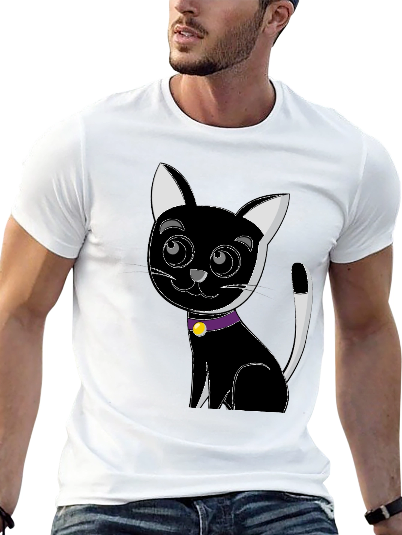 Cartoon Cat Graphic Tee - Black
