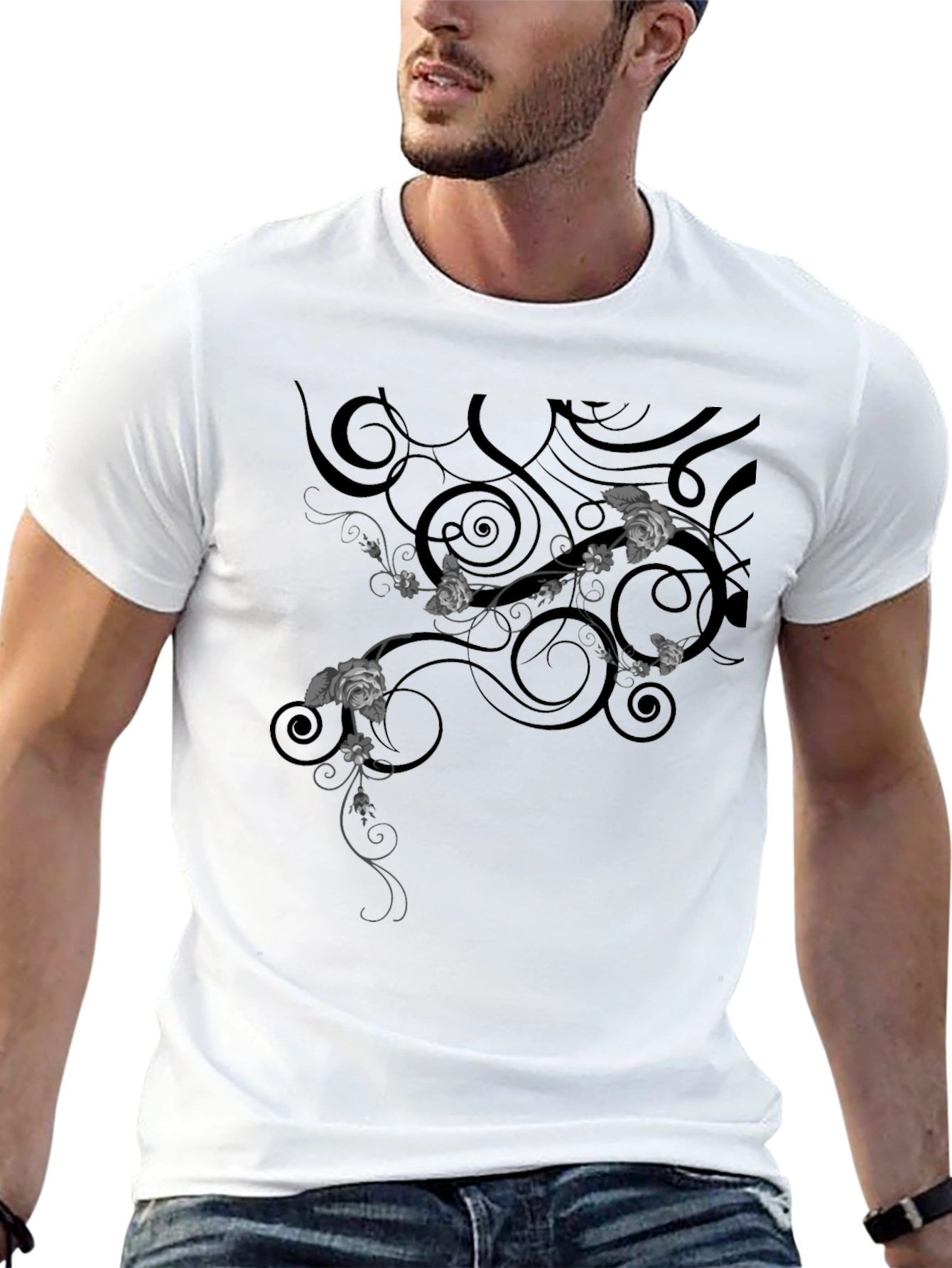 Elegant Black T-Shirt with Floral Vine Design