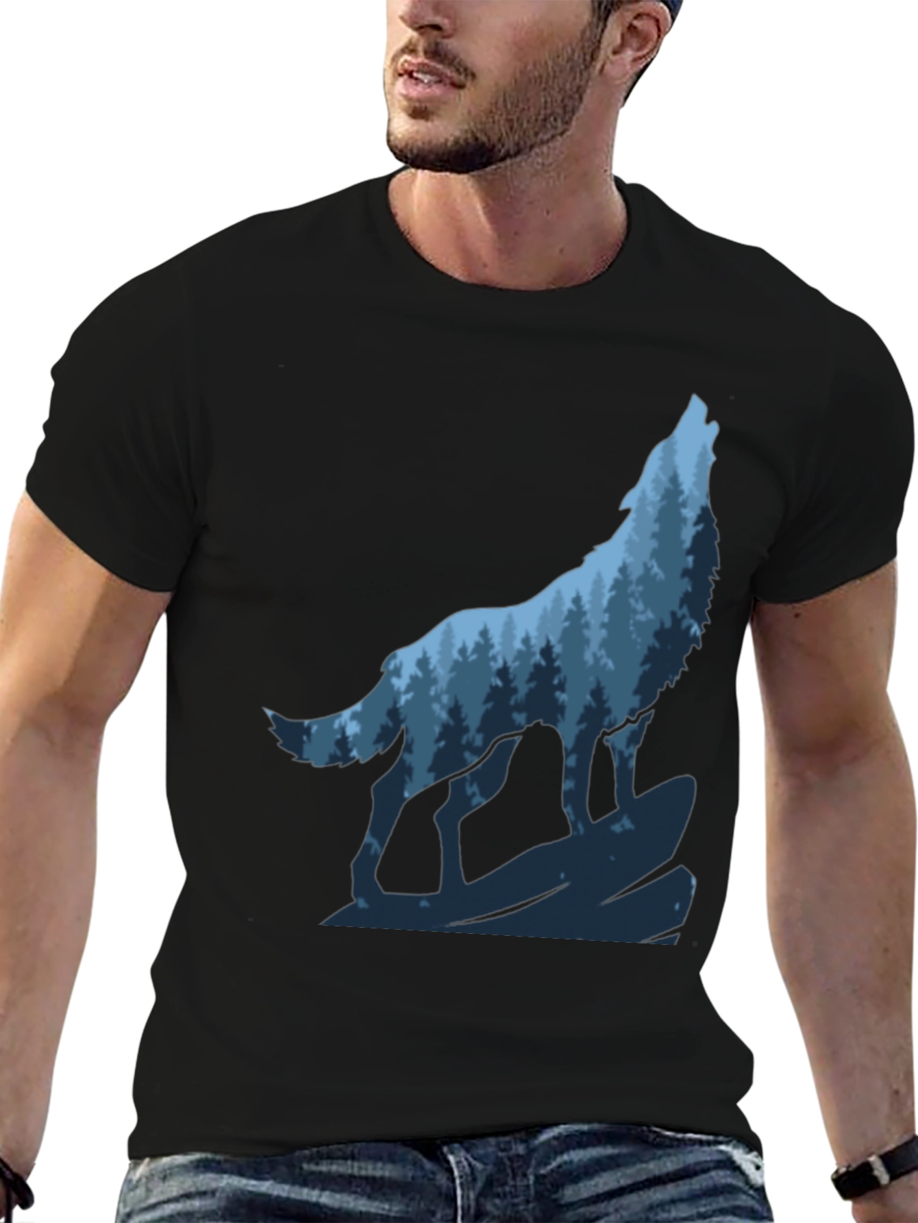 Wolf Howling Forest Graphic Tee - Black