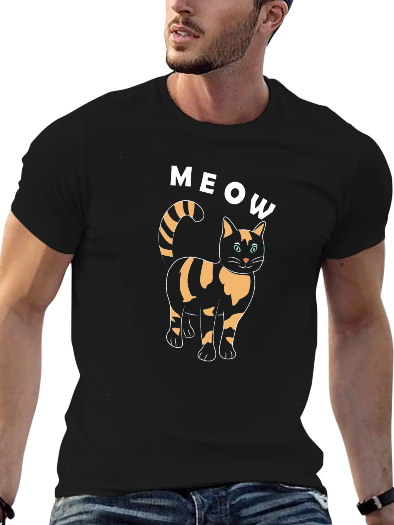Meow Cat Graphic Tee - Black Cotton T-Shirt