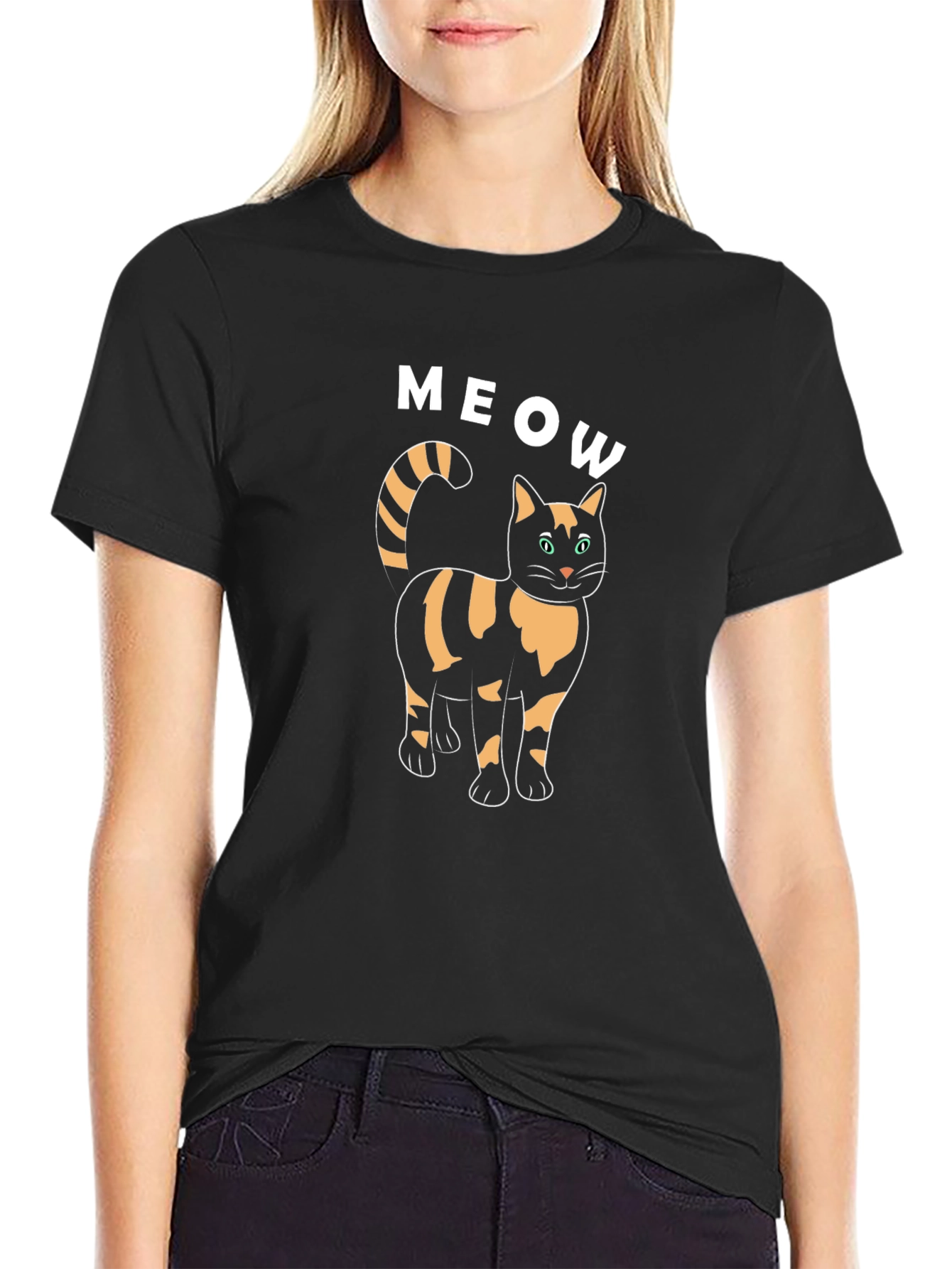Meow Cat Graphic Tee - Black Cotton T-Shirt