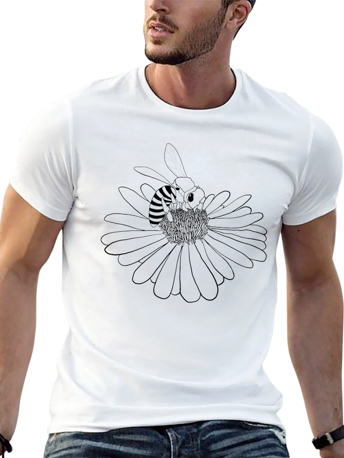 Bee on Flower Graphic Tee - Black Cotton T-Shirt