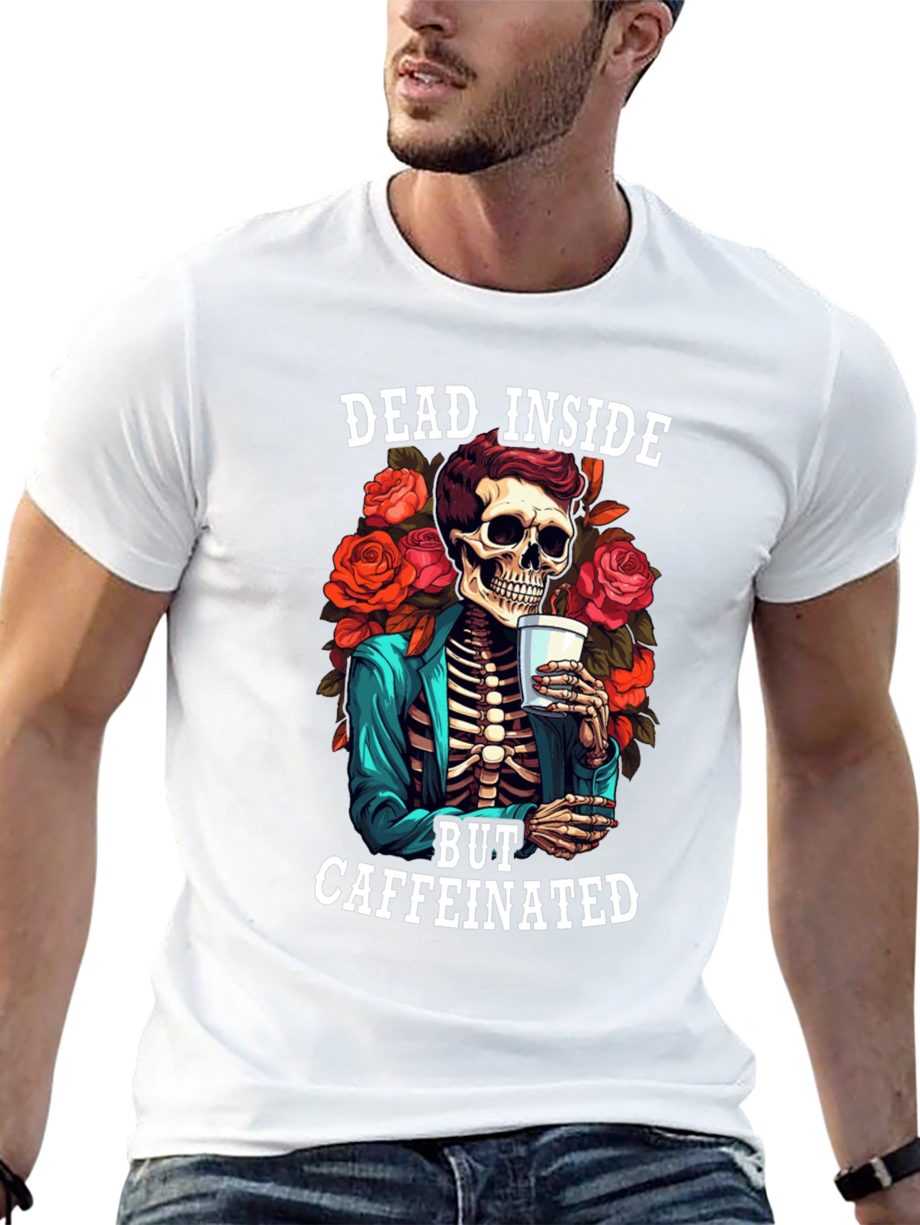 Dead Inside Caffeinated T-Shirt - Skeleton & Roses