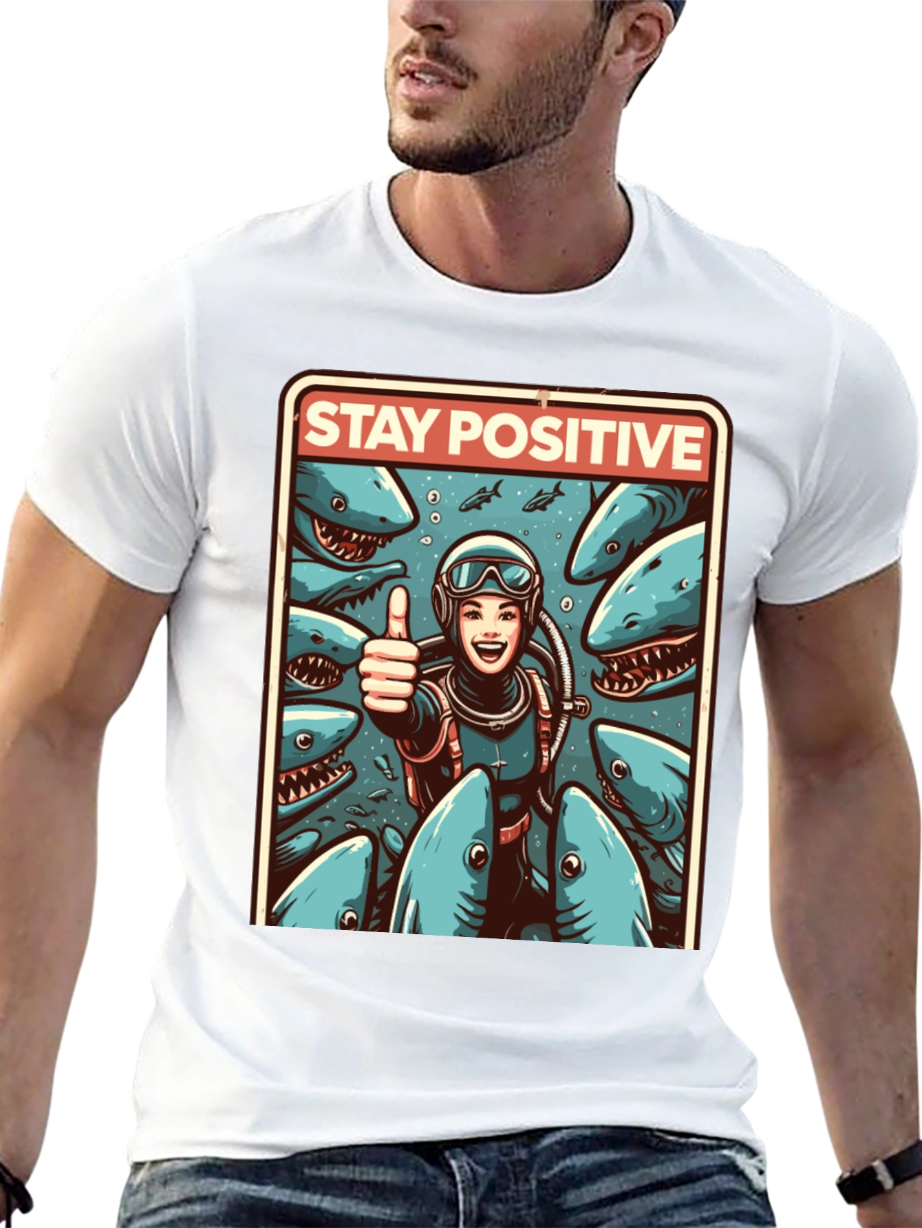 Stay Positive Diver T-Shirt: Shark Edition