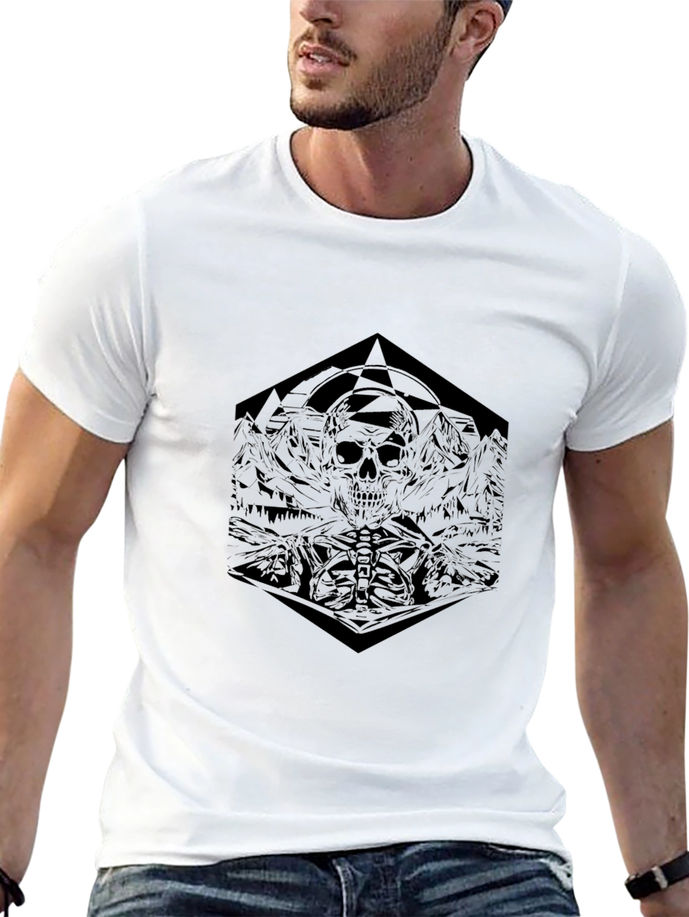 Geometric Skull Graphic Tee - Dark & Edgy Design