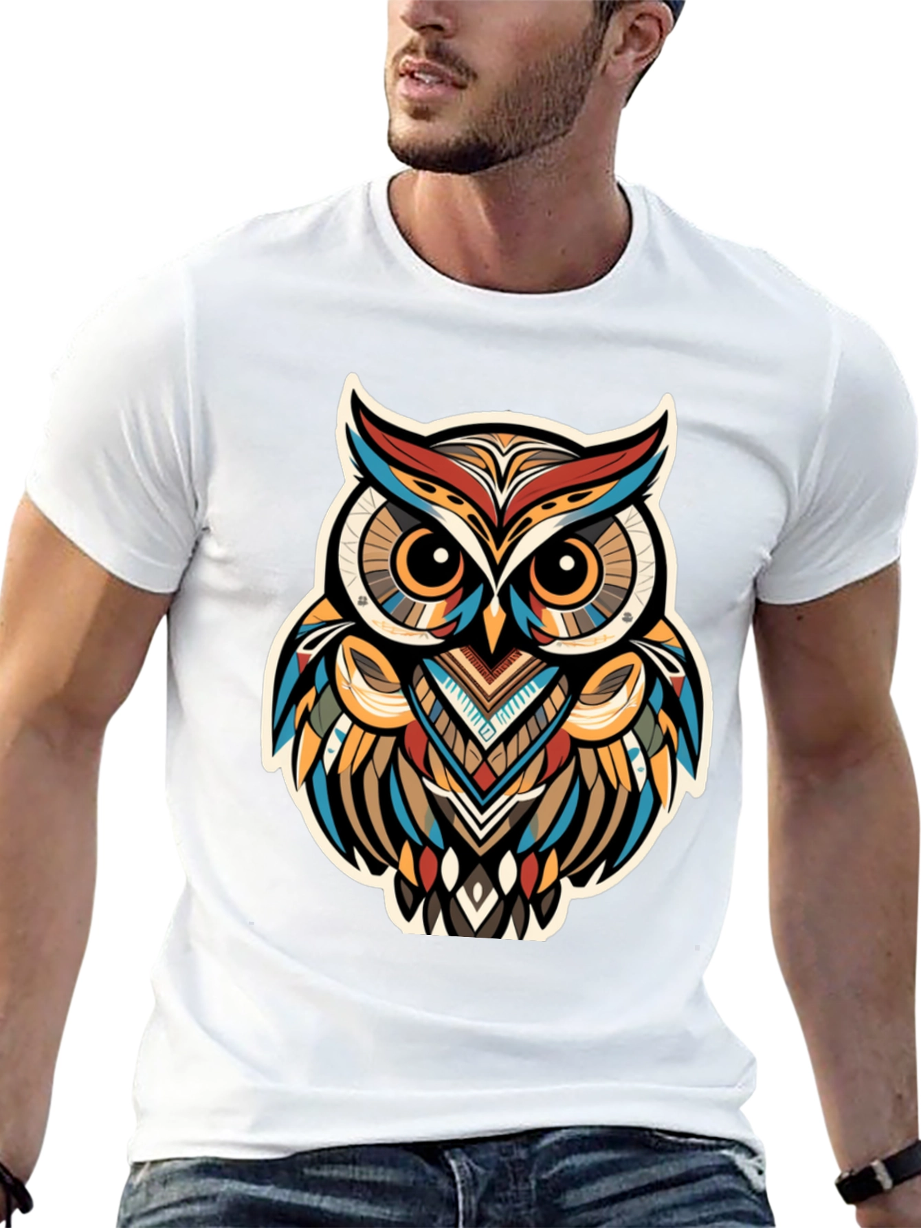 Tribal Owl Graphic Print Black T-Shirt