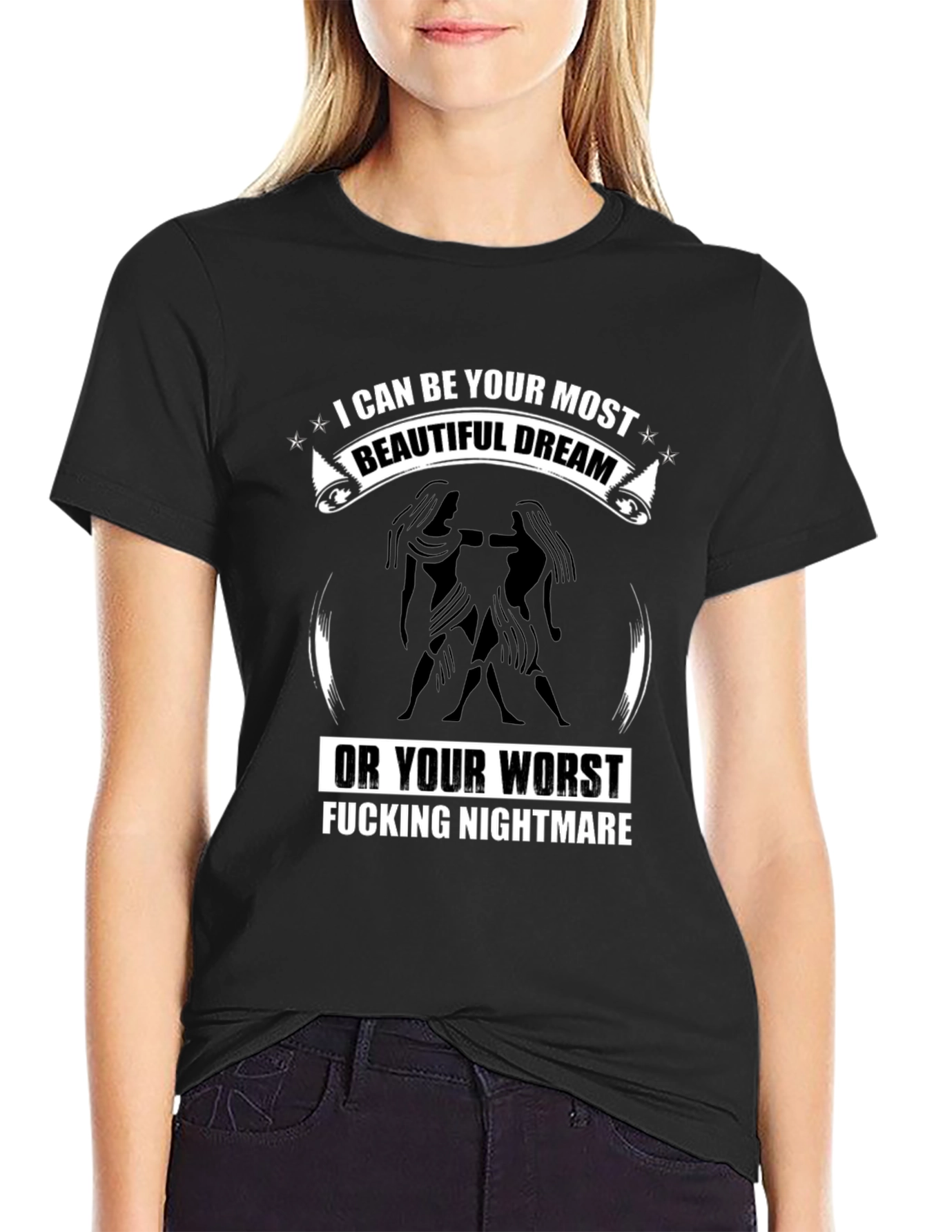 Gemini Zodiac Black T-Shirt: Beautiful Dream Nightmare