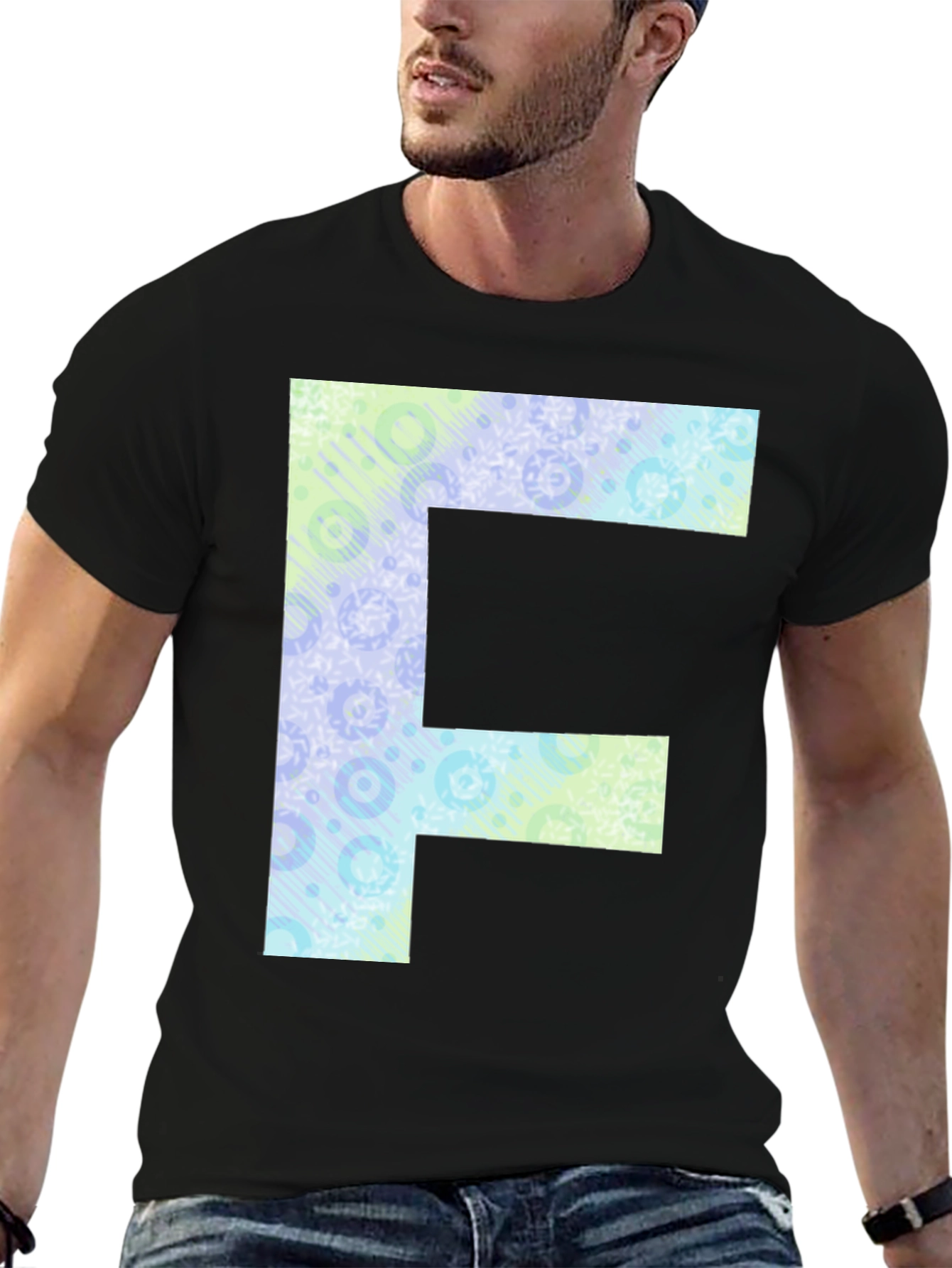 Letter F Patterned Tee - Black Cotton Casual Shirt