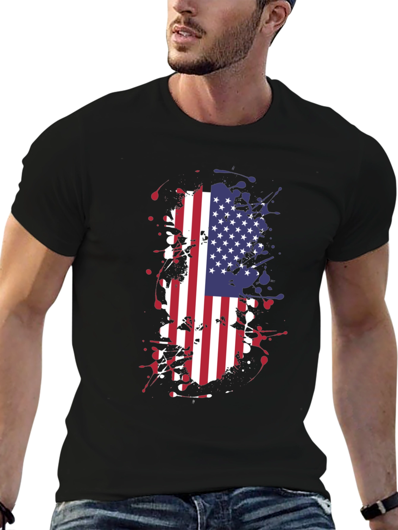 USA Flag Splatter Graphic Tee - Black