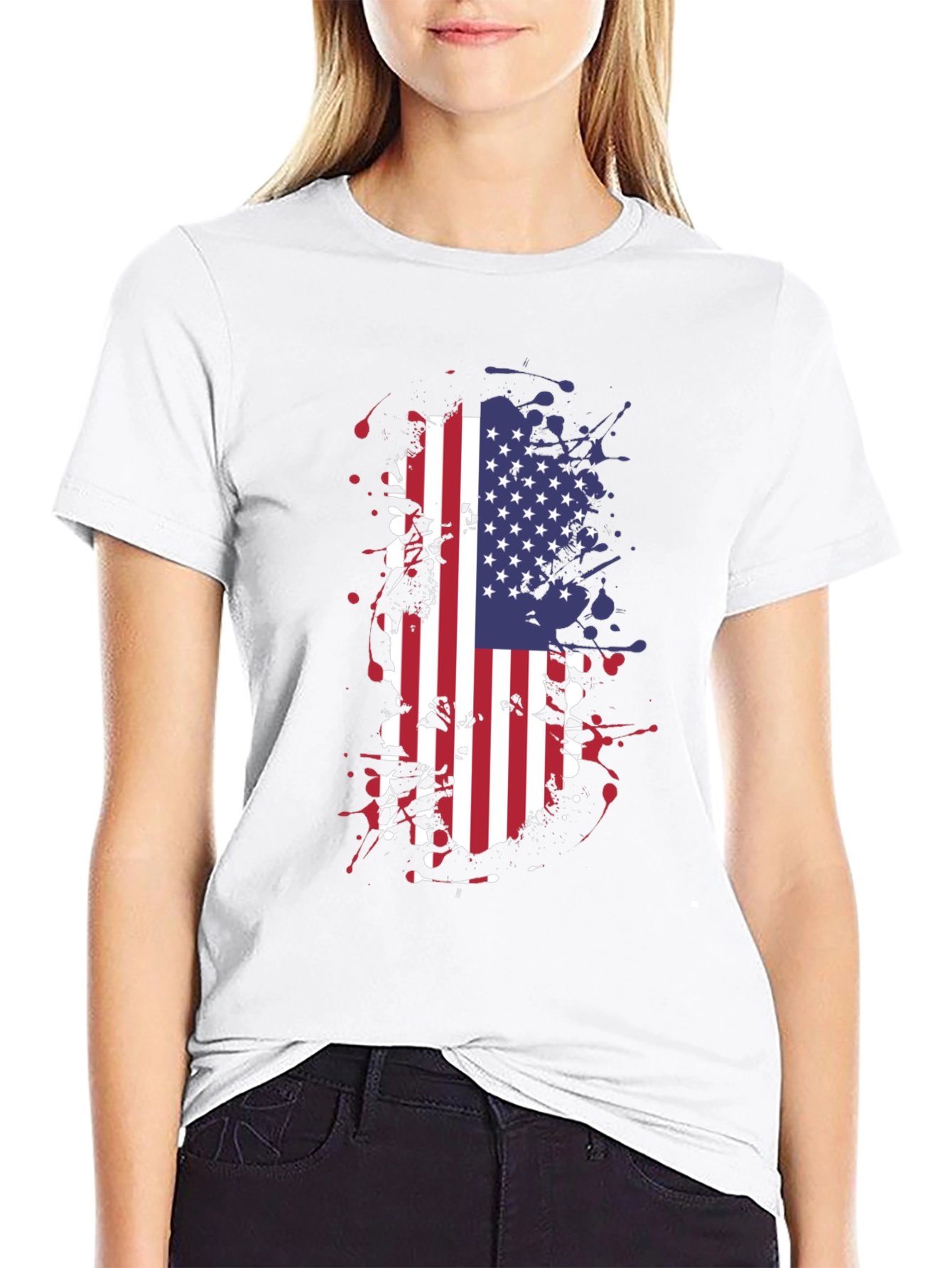 USA Flag Splatter Graphic Tee - Black