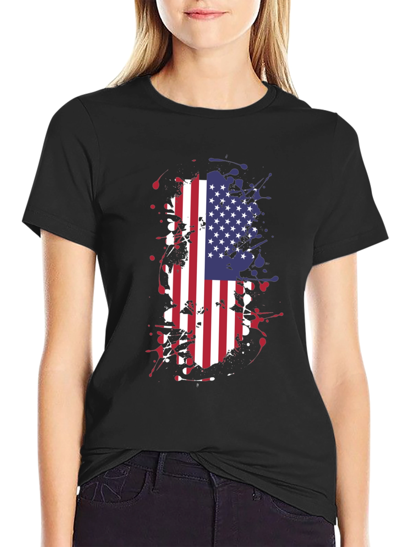 USA Flag Splatter Graphic Tee - Black