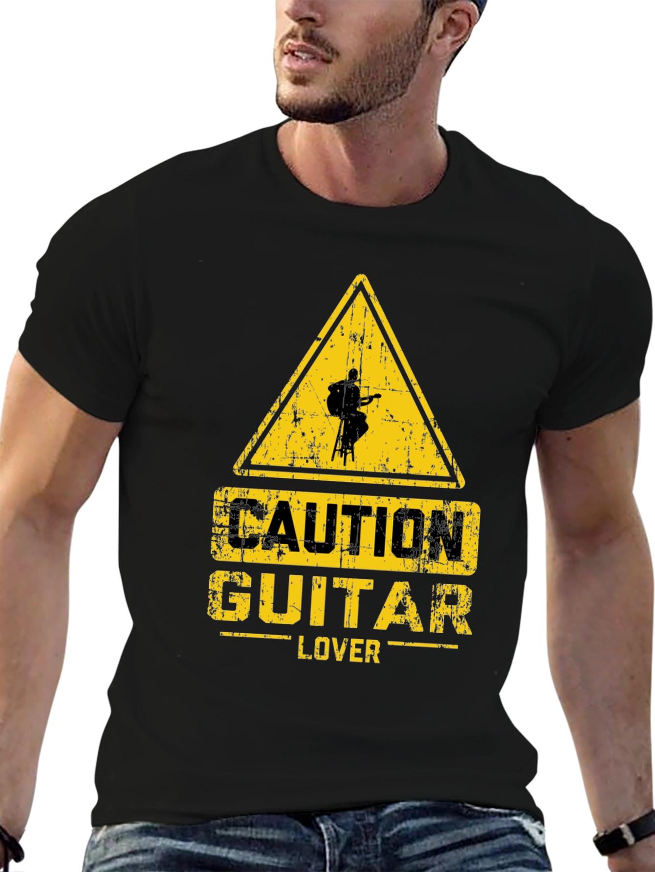 Caution Guitar Lover Graphic T-Shirt - Black