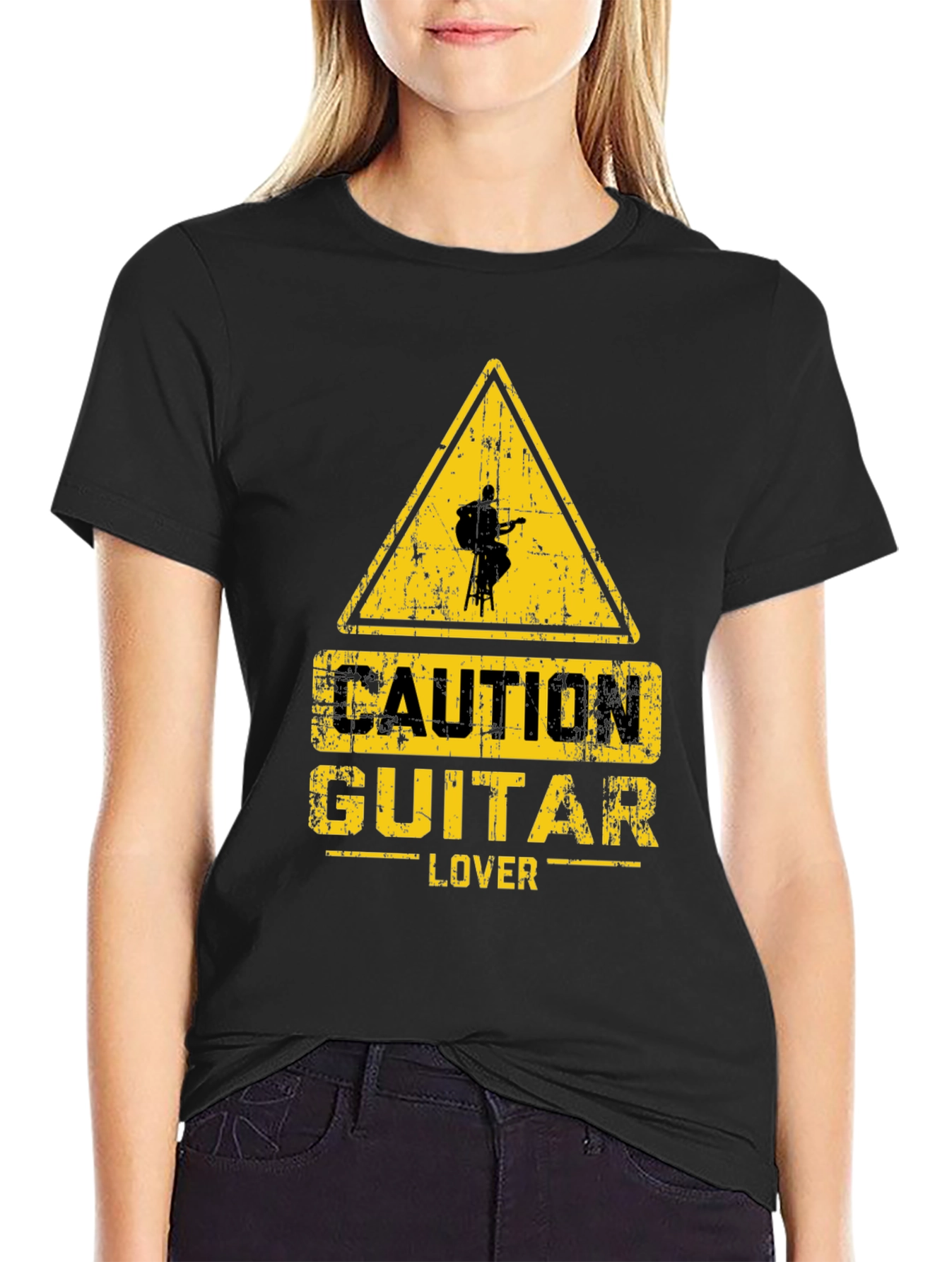 Caution Guitar Lover Graphic T-Shirt - Black