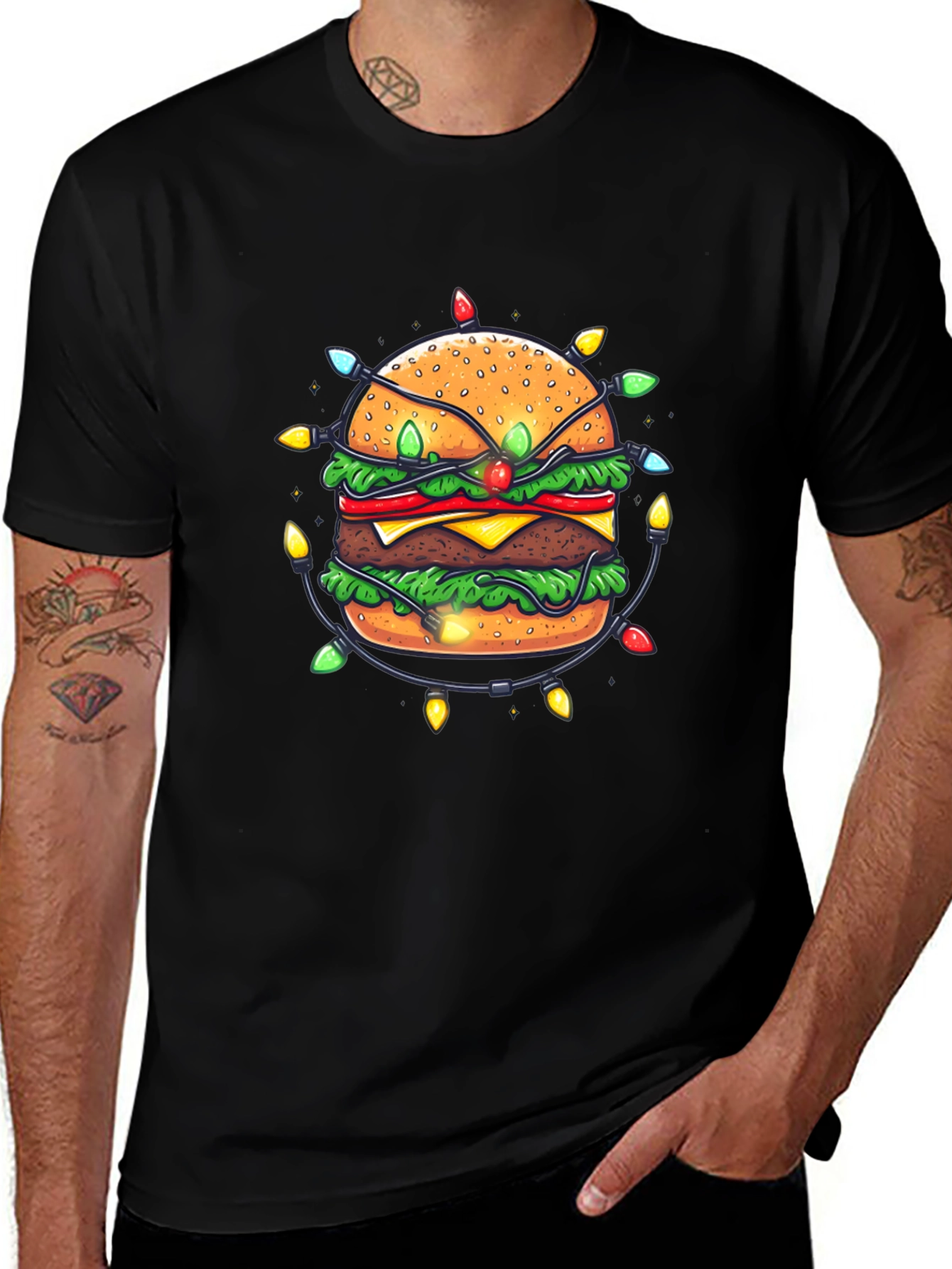 Festive Burger Graphic Tee - Holiday Lights Design