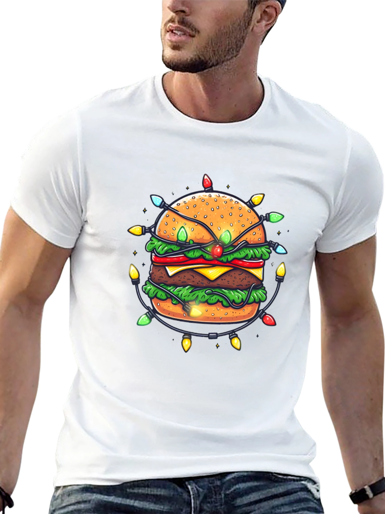 Festive Burger Graphic Tee - Holiday Lights Design