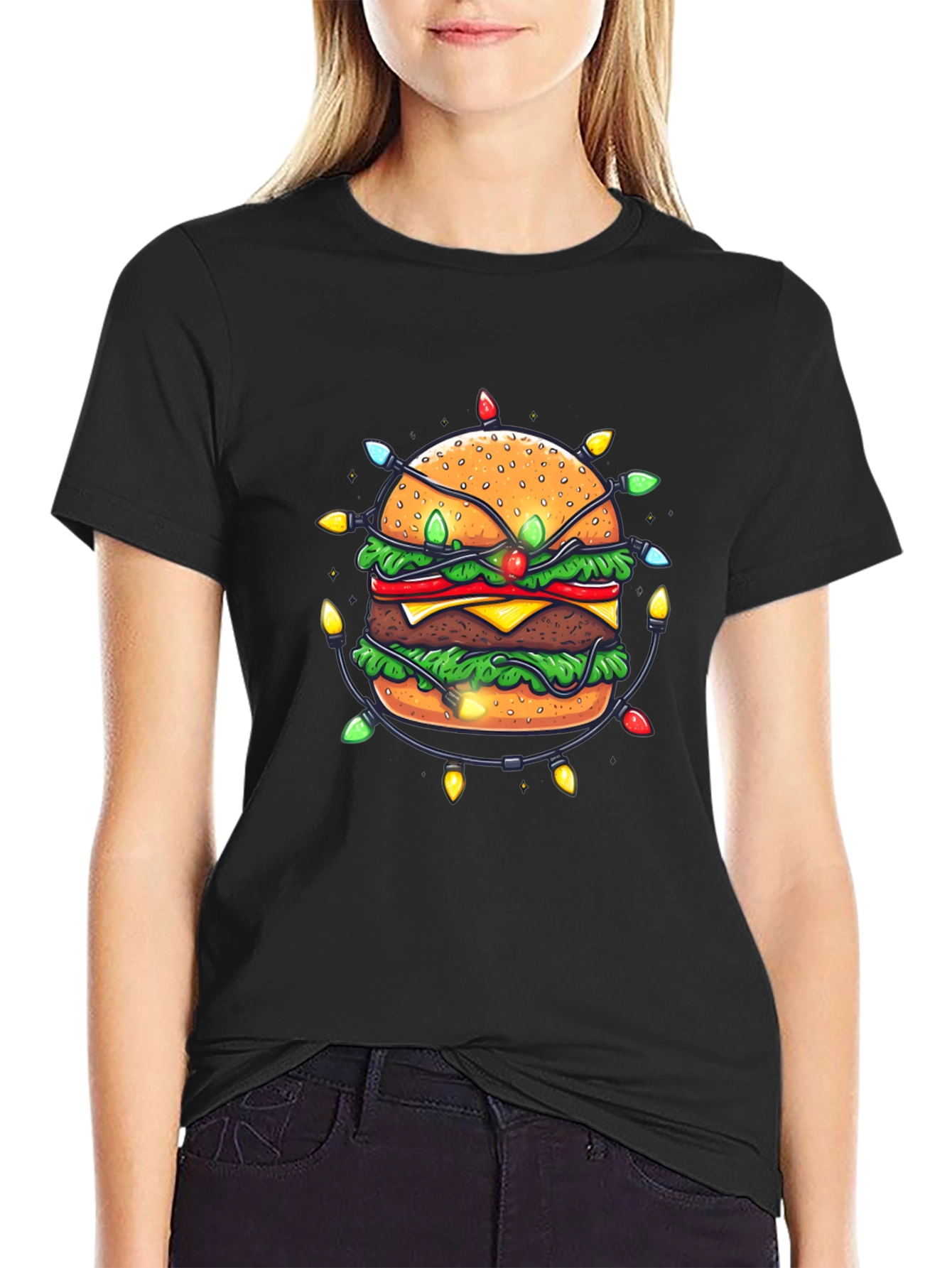 Festive Burger Graphic Tee - Holiday Lights Design