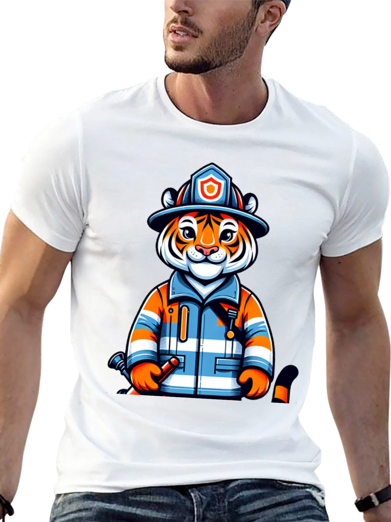 Tiger Firefighter Graphic Tee - Novelty Animal Shirt