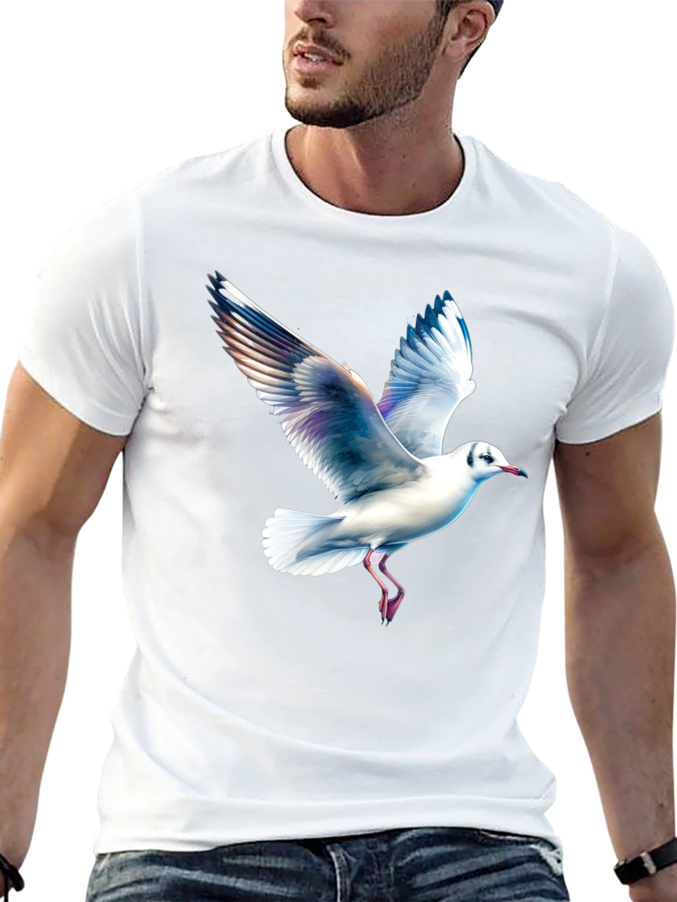 Black T-Shirt with Seagull Print
