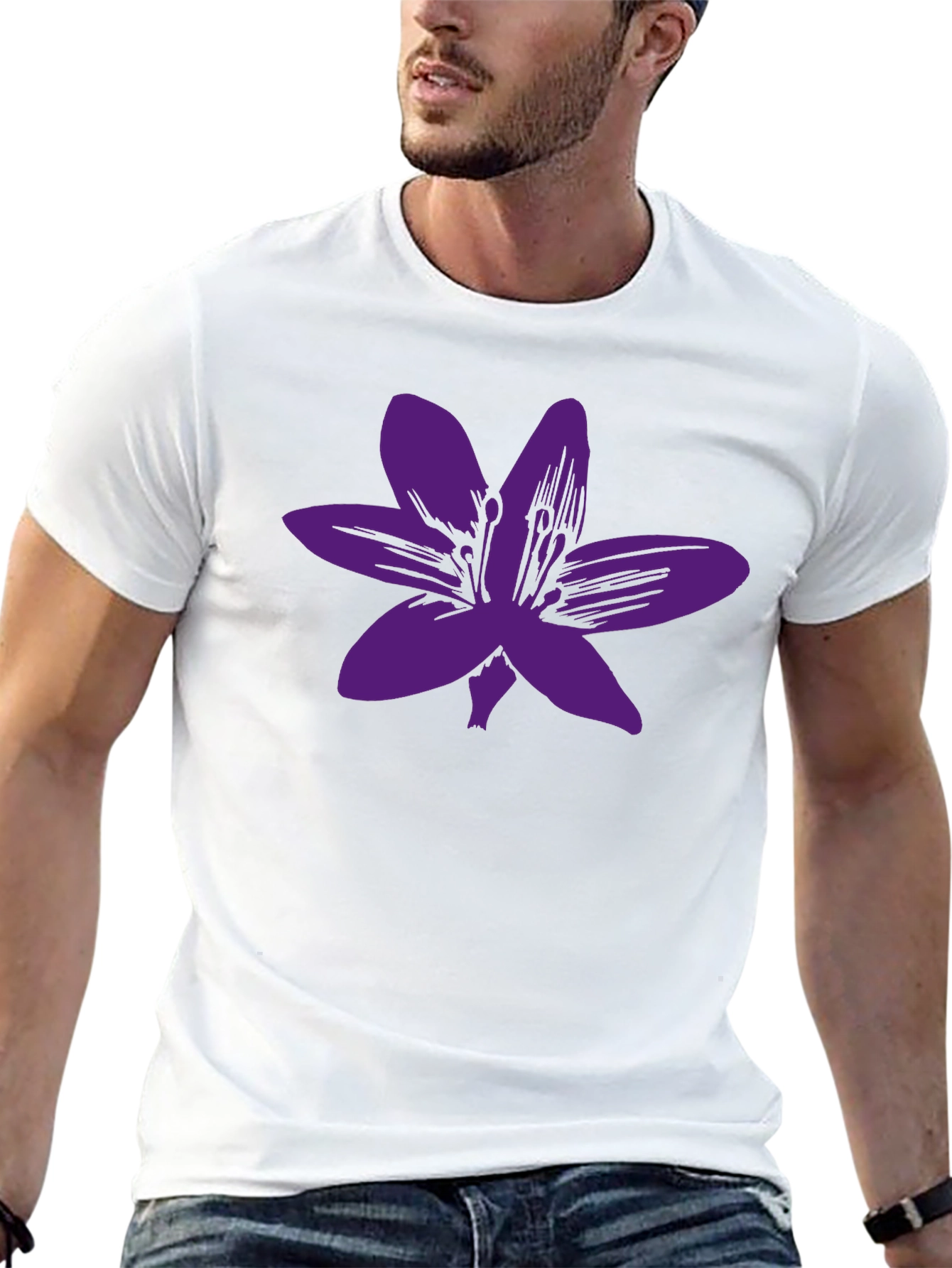 Black T-Shirt with Purple Flower Graphic