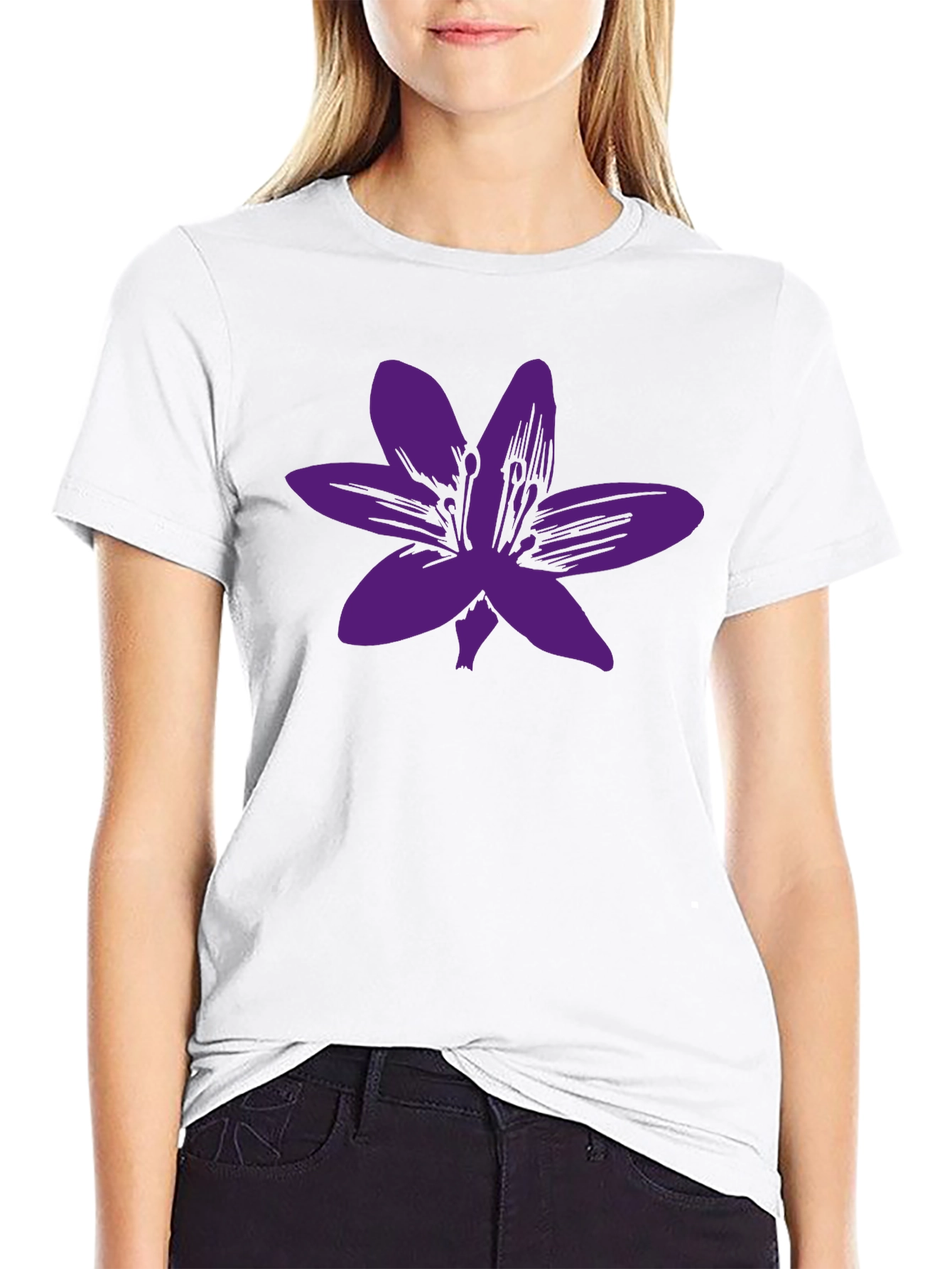 Black T-Shirt with Purple Flower Graphic