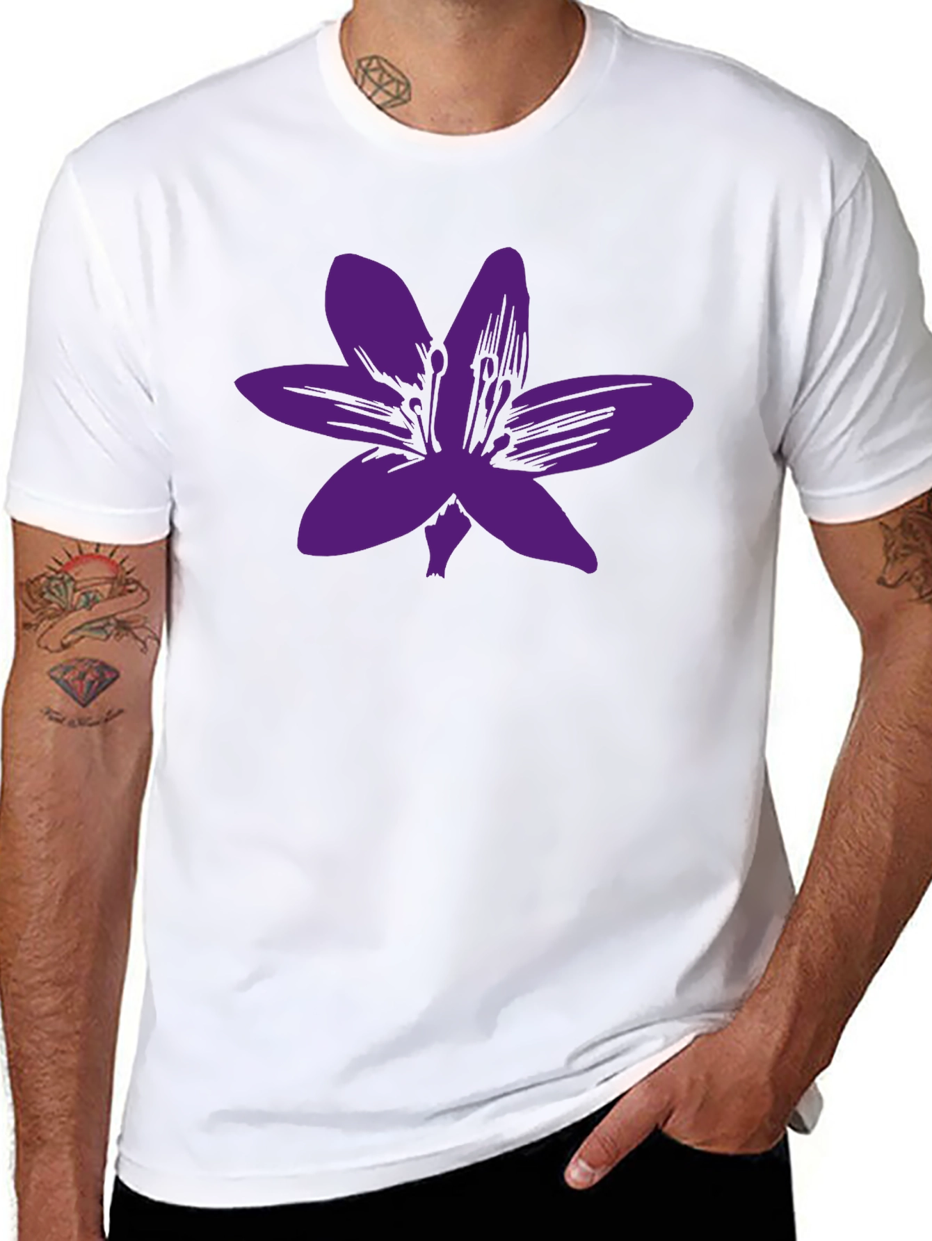 Black T-Shirt with Purple Flower Graphic