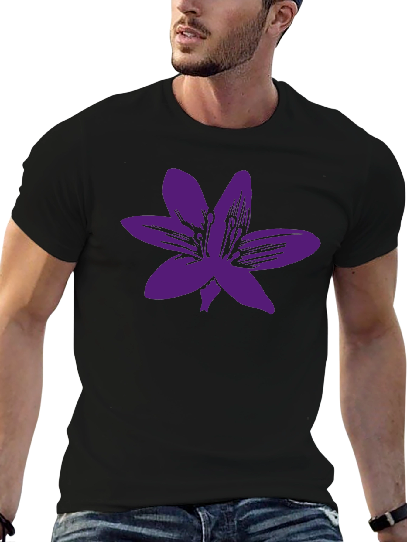 Black T-Shirt with Purple Flower Graphic