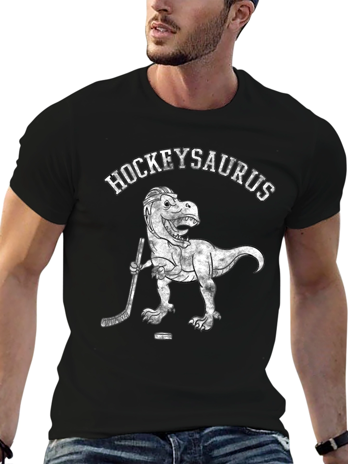 Hockeysaurus T-Rex Hockey Player Black T-Shirt