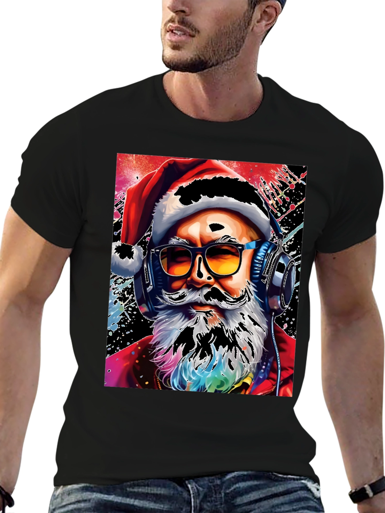 Santa with Headphones Graphic T-Shirt