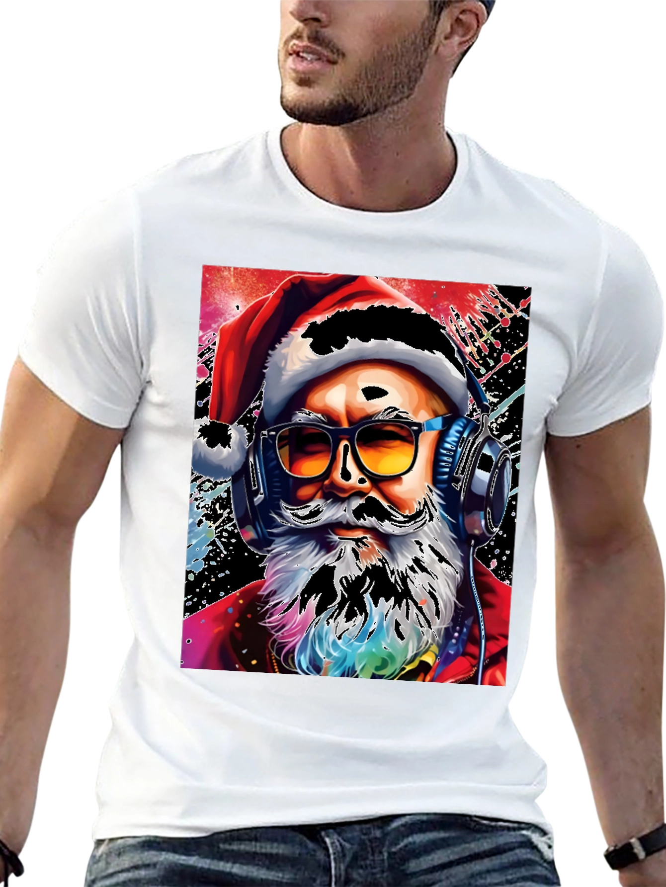 Santa with Headphones Graphic T-Shirt