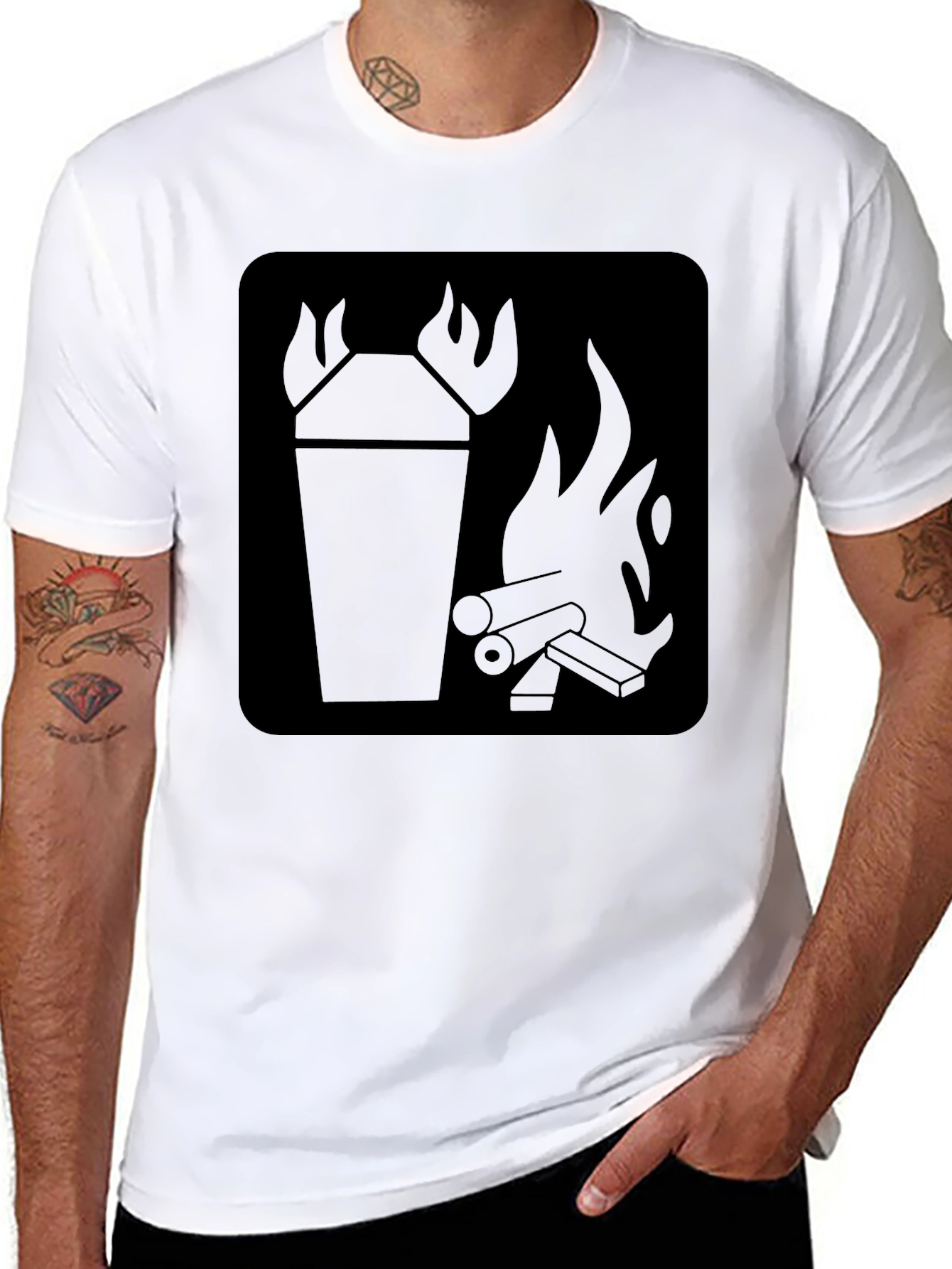 Black T-Shirt with Fire Symbol Graphic Print