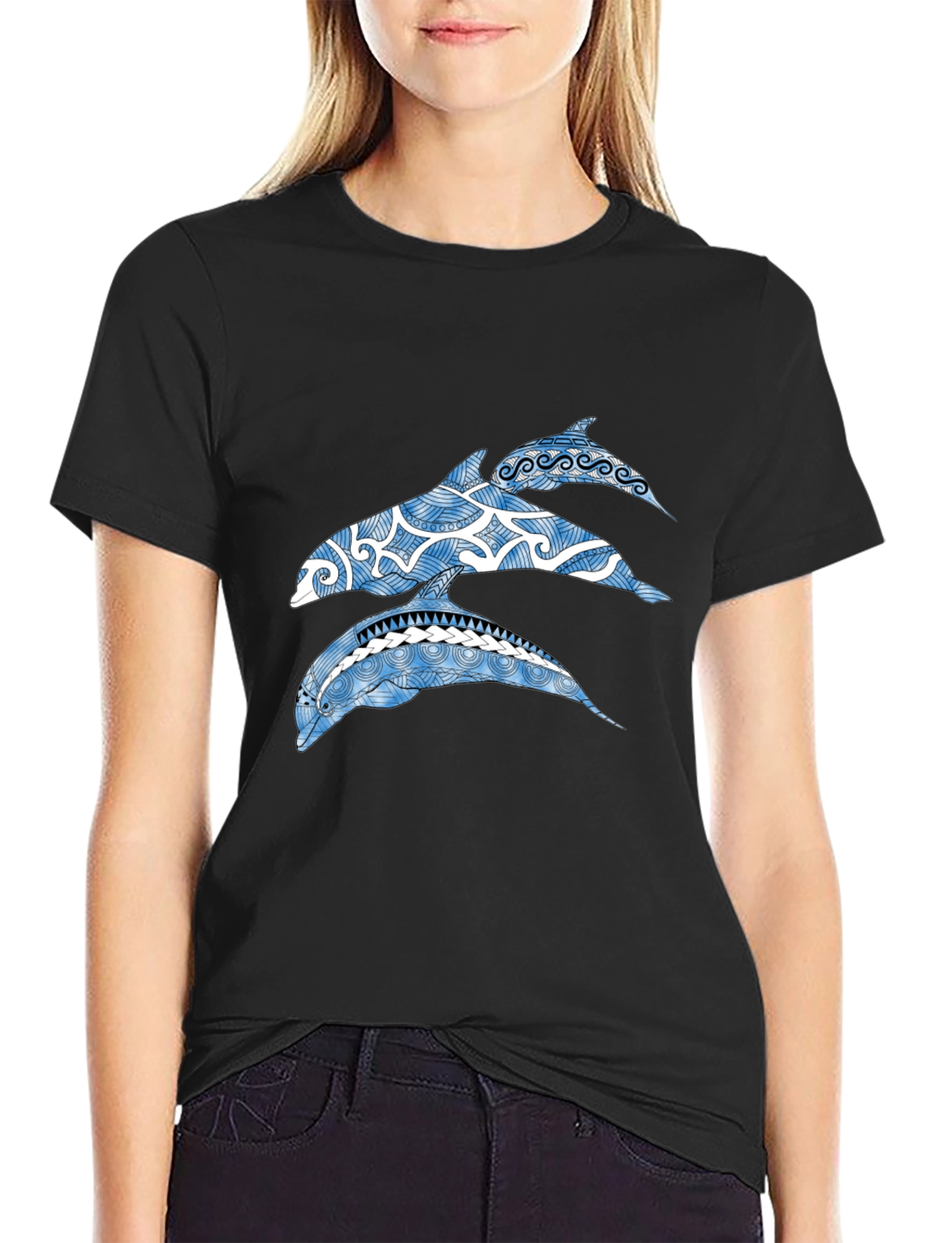 Tribal Dolphin Graphic Tee - Black