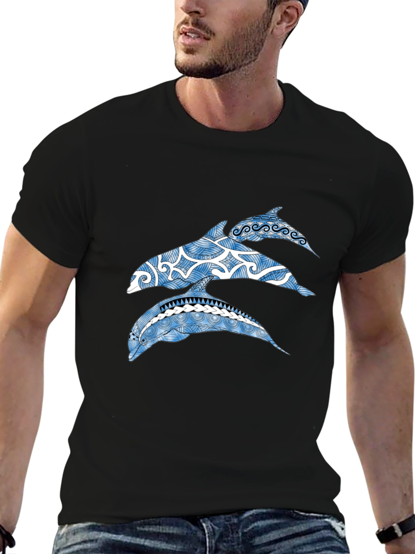 Tribal Dolphin Graphic Tee - Black