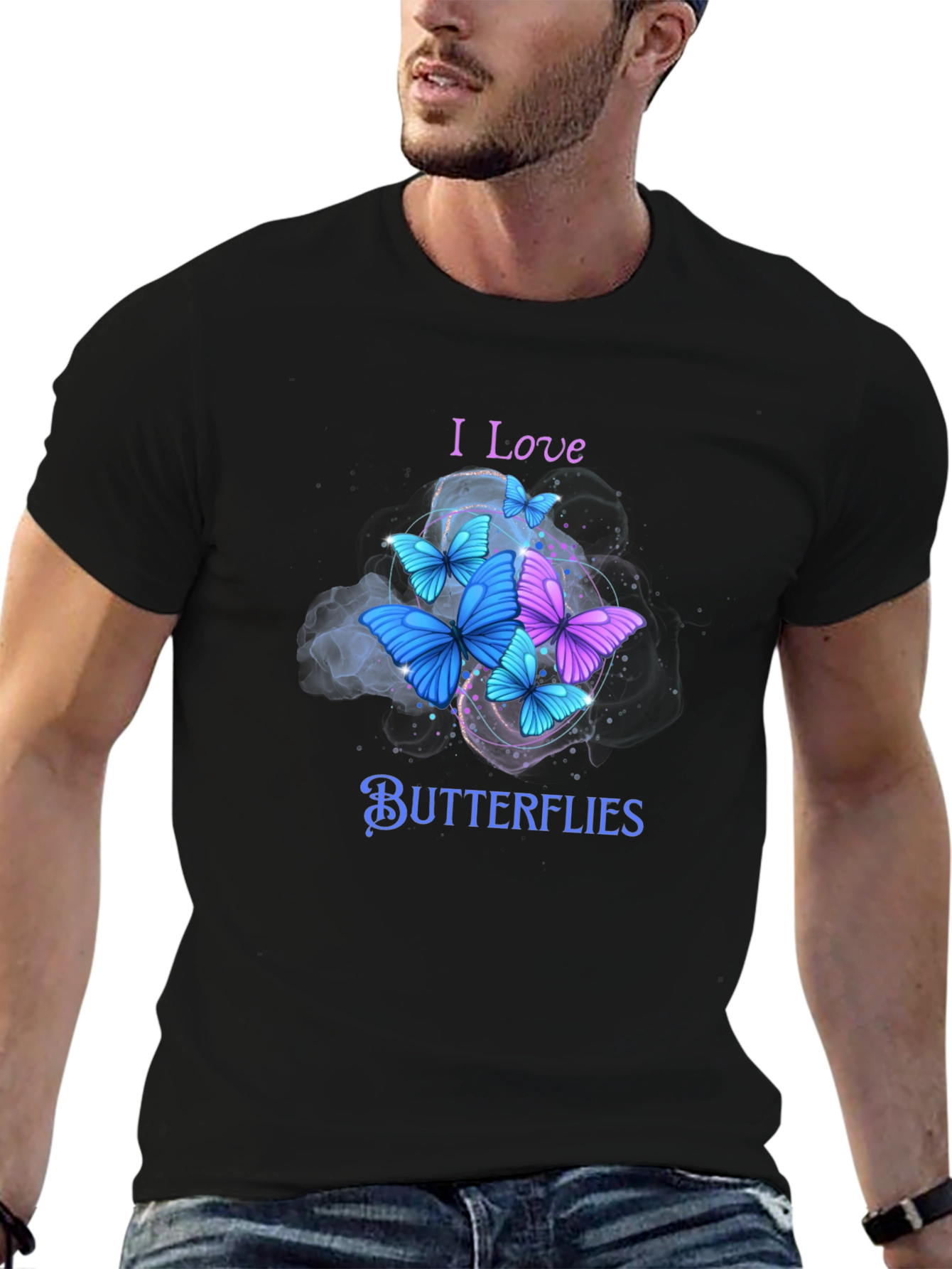 I Love Butterflies Black Graphic Tee Shirt