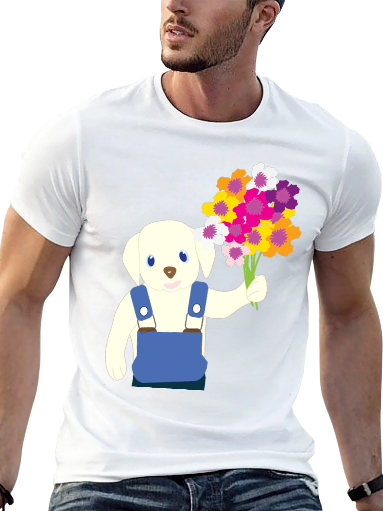 Puppy with Flowers Graphic Tee - Black