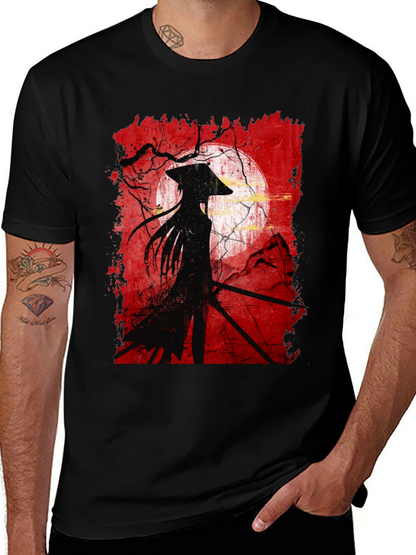 Samurai Silhouette Graphic Tee - Mens Black T-Shirt