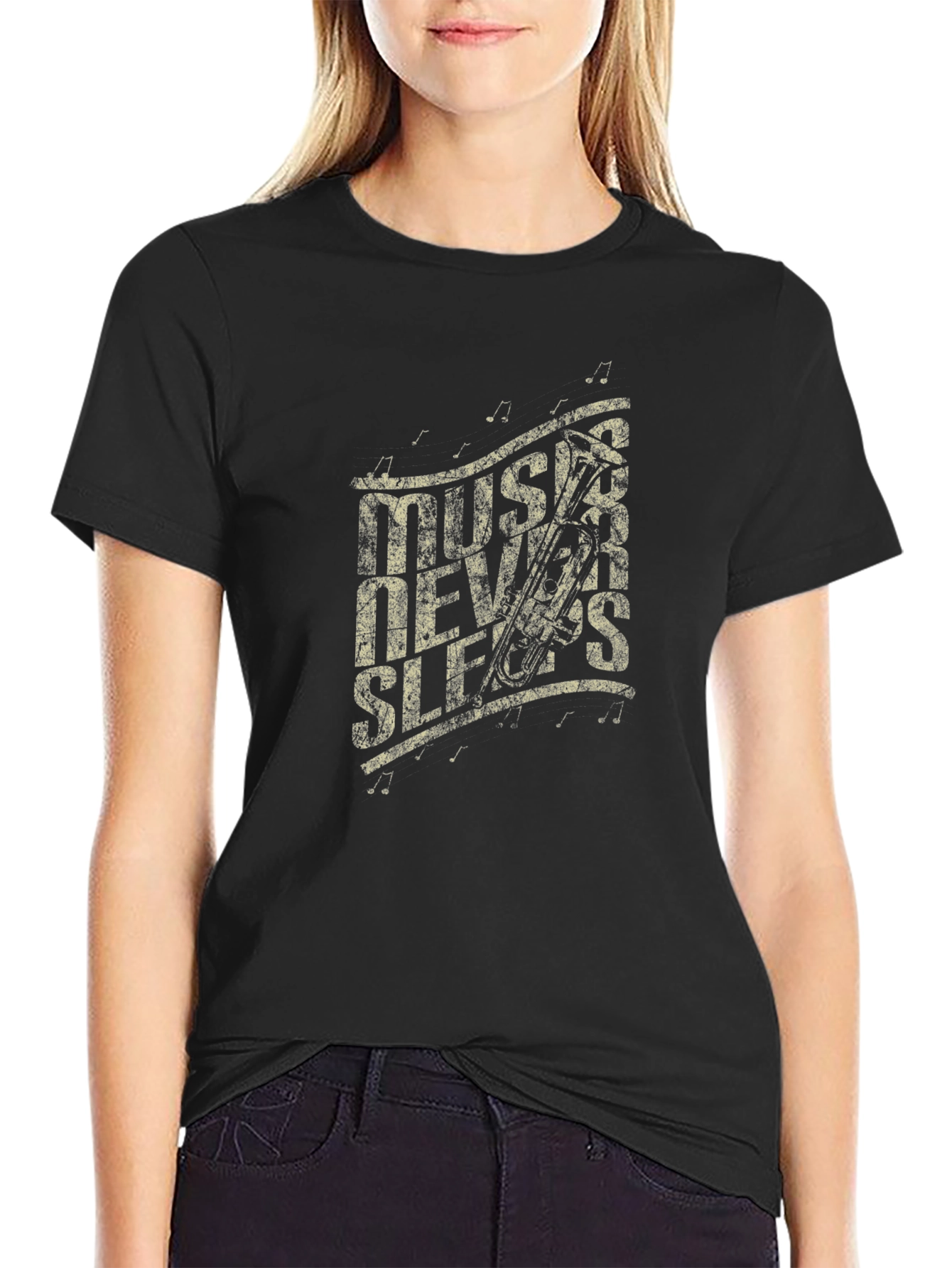 Music Never Sleeps Graphic Print Black T-Shirt