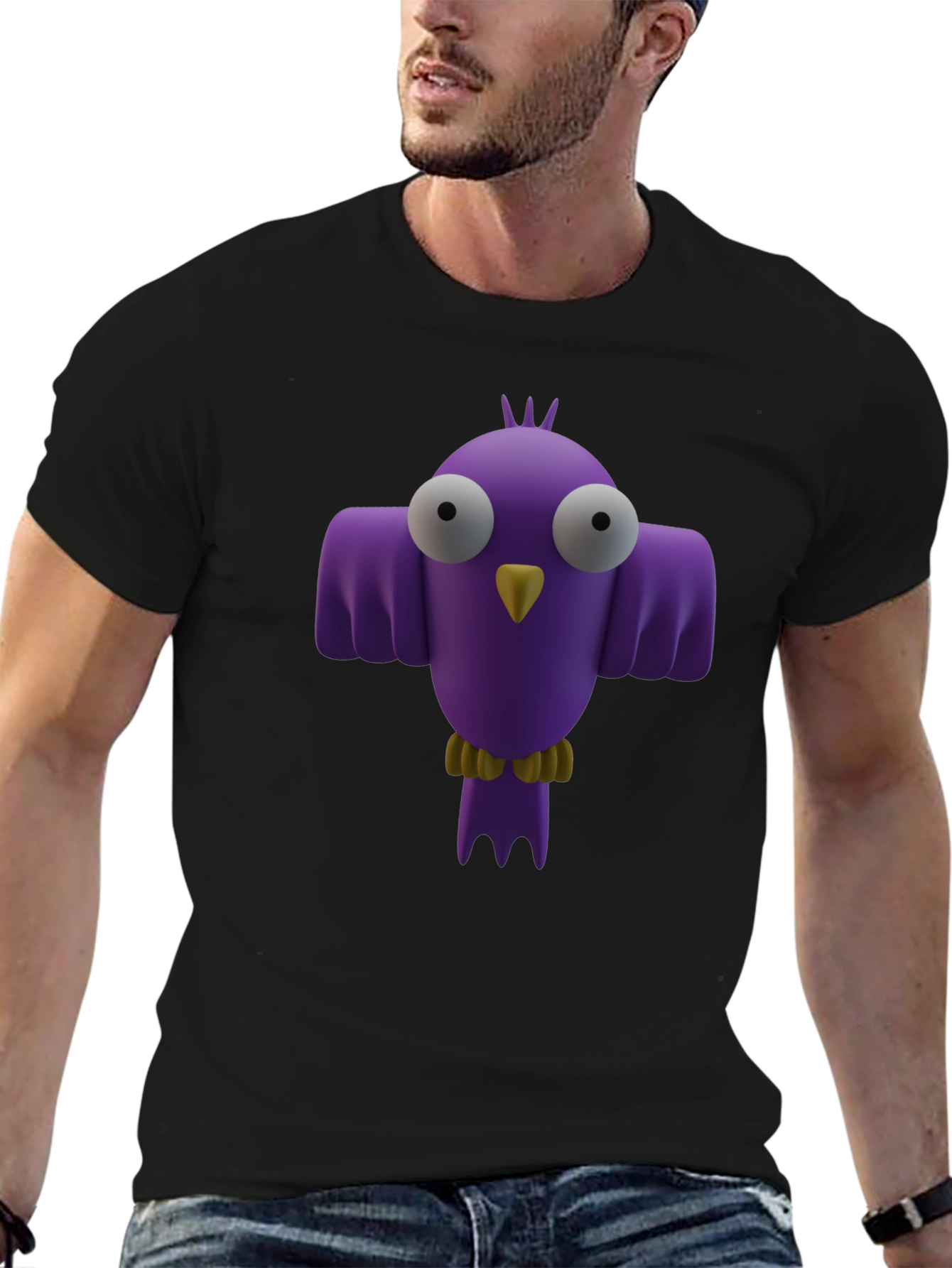 Whimsical Bird Graphic Tee - Black Cotton Shirt