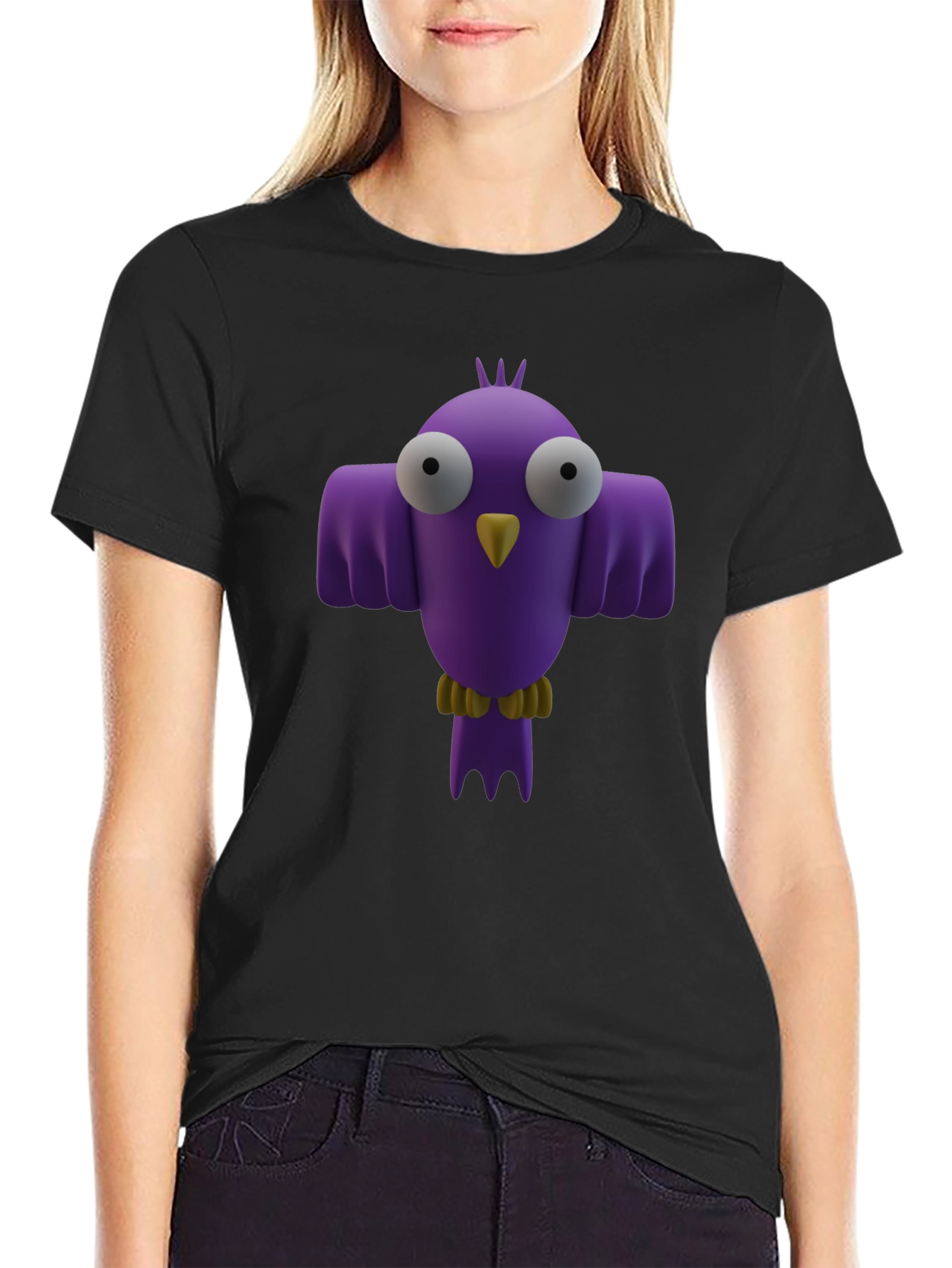Whimsical Bird Graphic Tee - Black Cotton Shirt