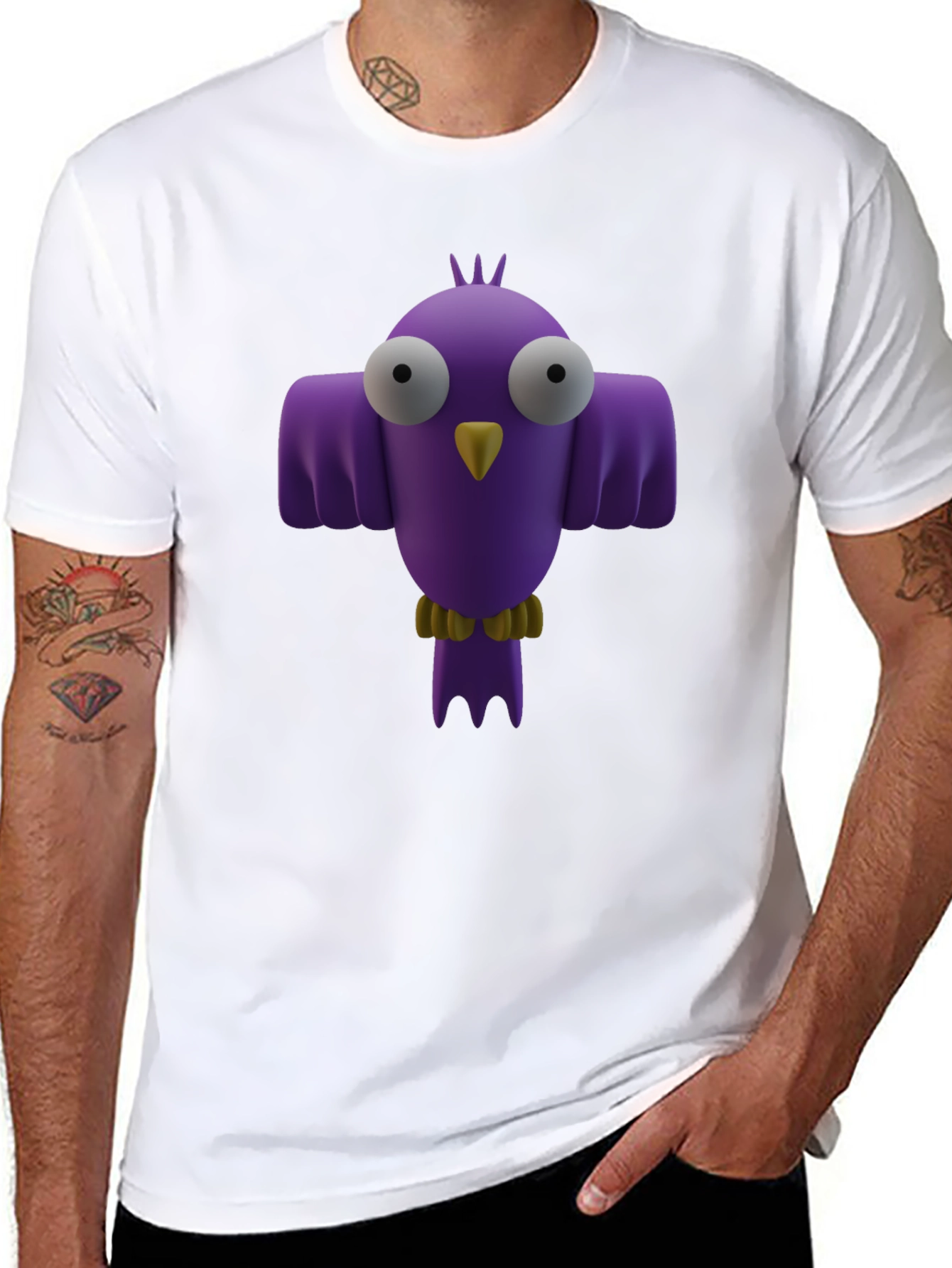 Whimsical Bird Graphic Tee - Black Cotton Shirt
