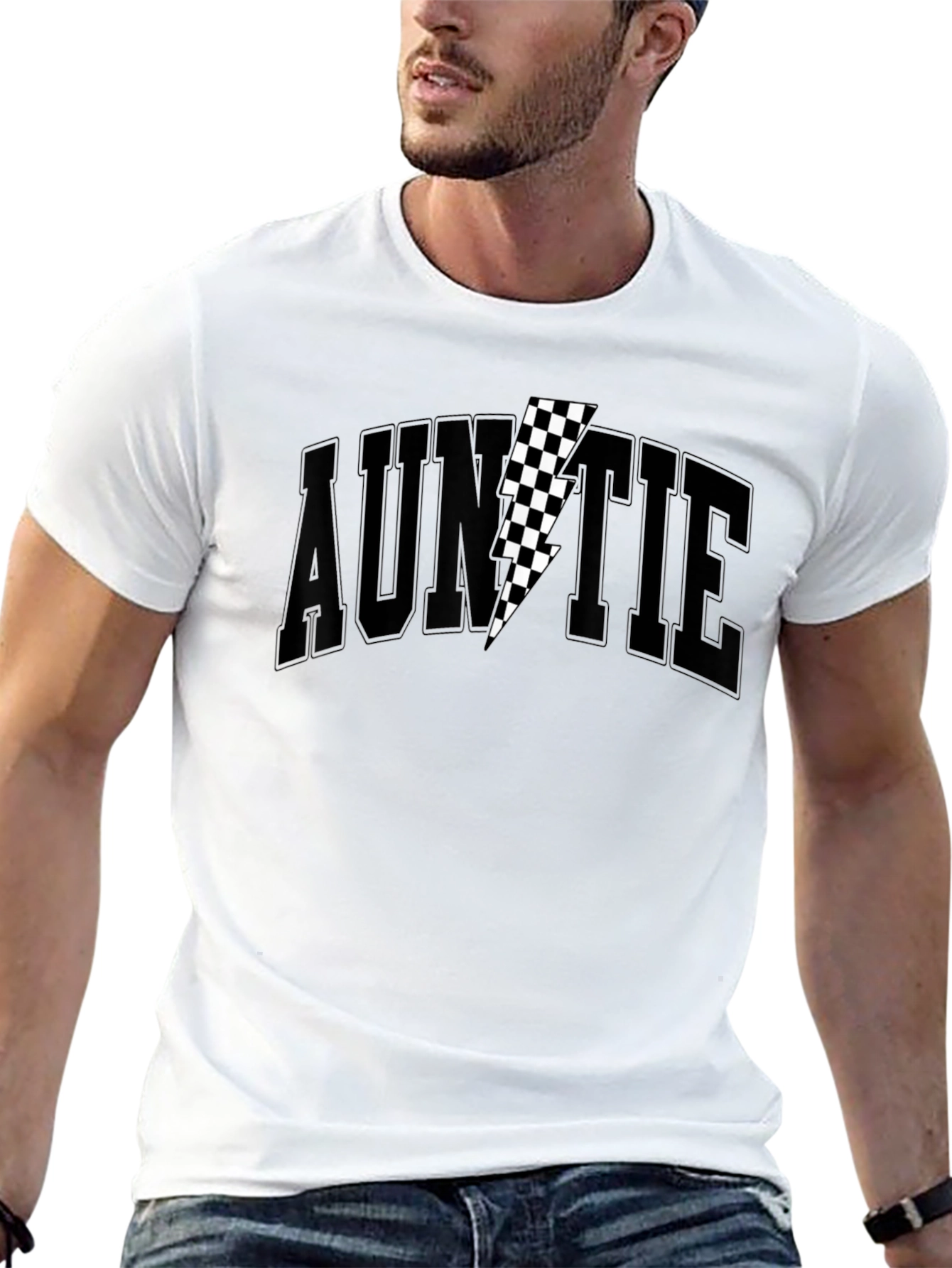 Auntie Black T-Shirt with Checkered Lightning Bolt