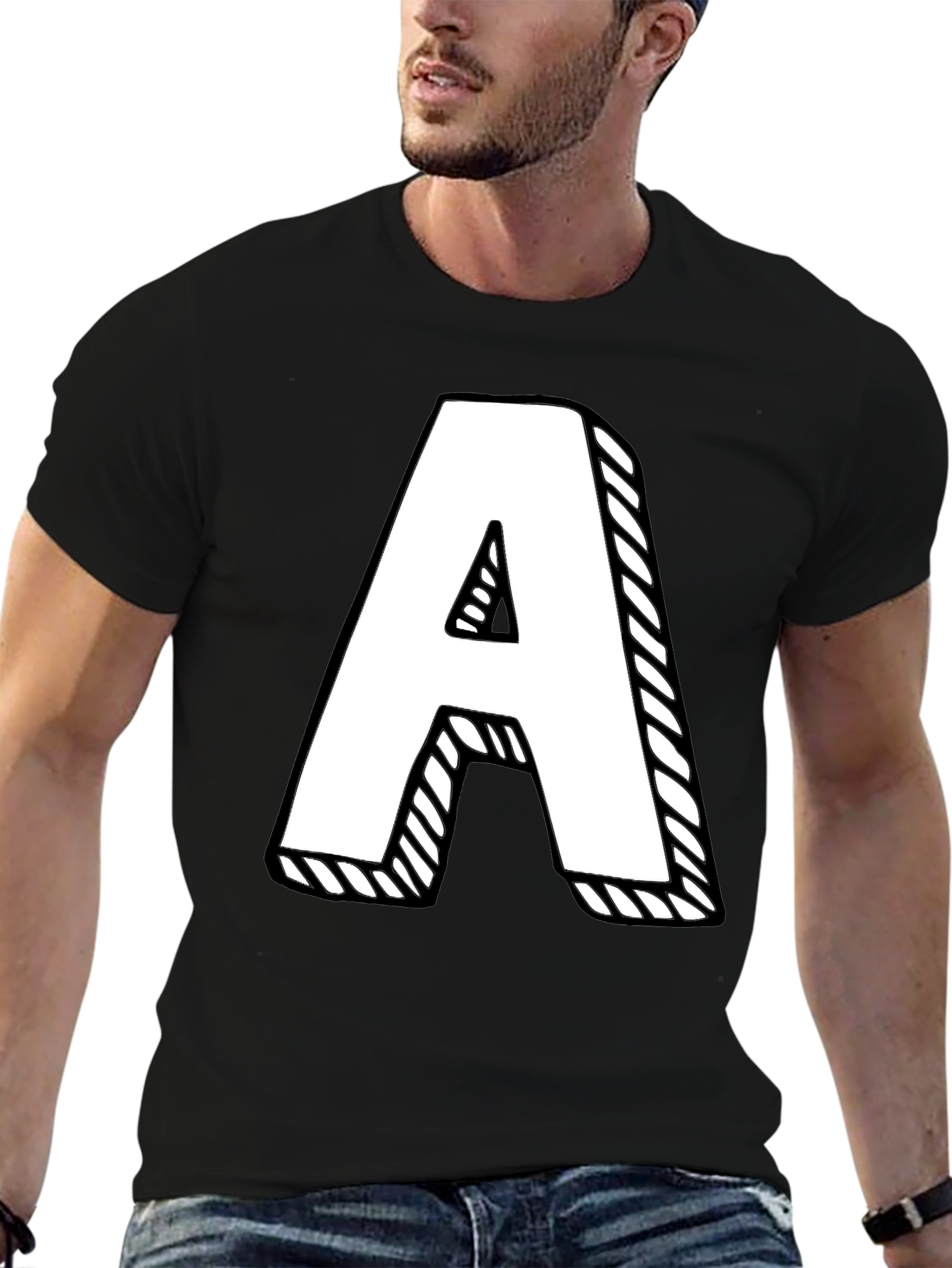 Letter A Graphic Tee - Black Cotton Casual Shirt