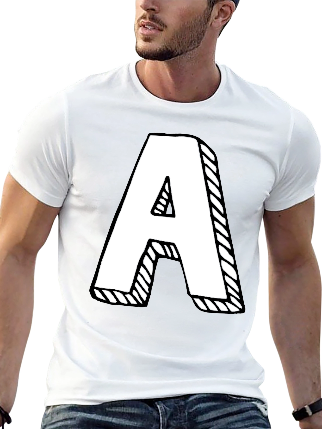 Letter A Graphic Tee - Black Cotton Casual Shirt