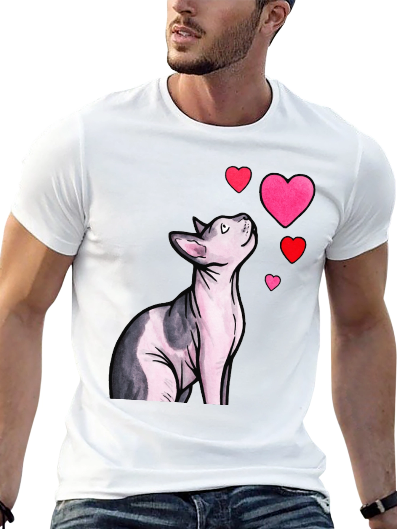 Sphynx Cat & Hearts Graphic T-Shirt - Black