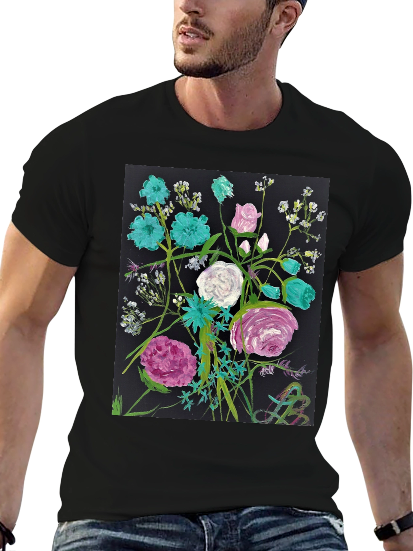 Floral Art Black T-Shirt - Unique Painted Design
